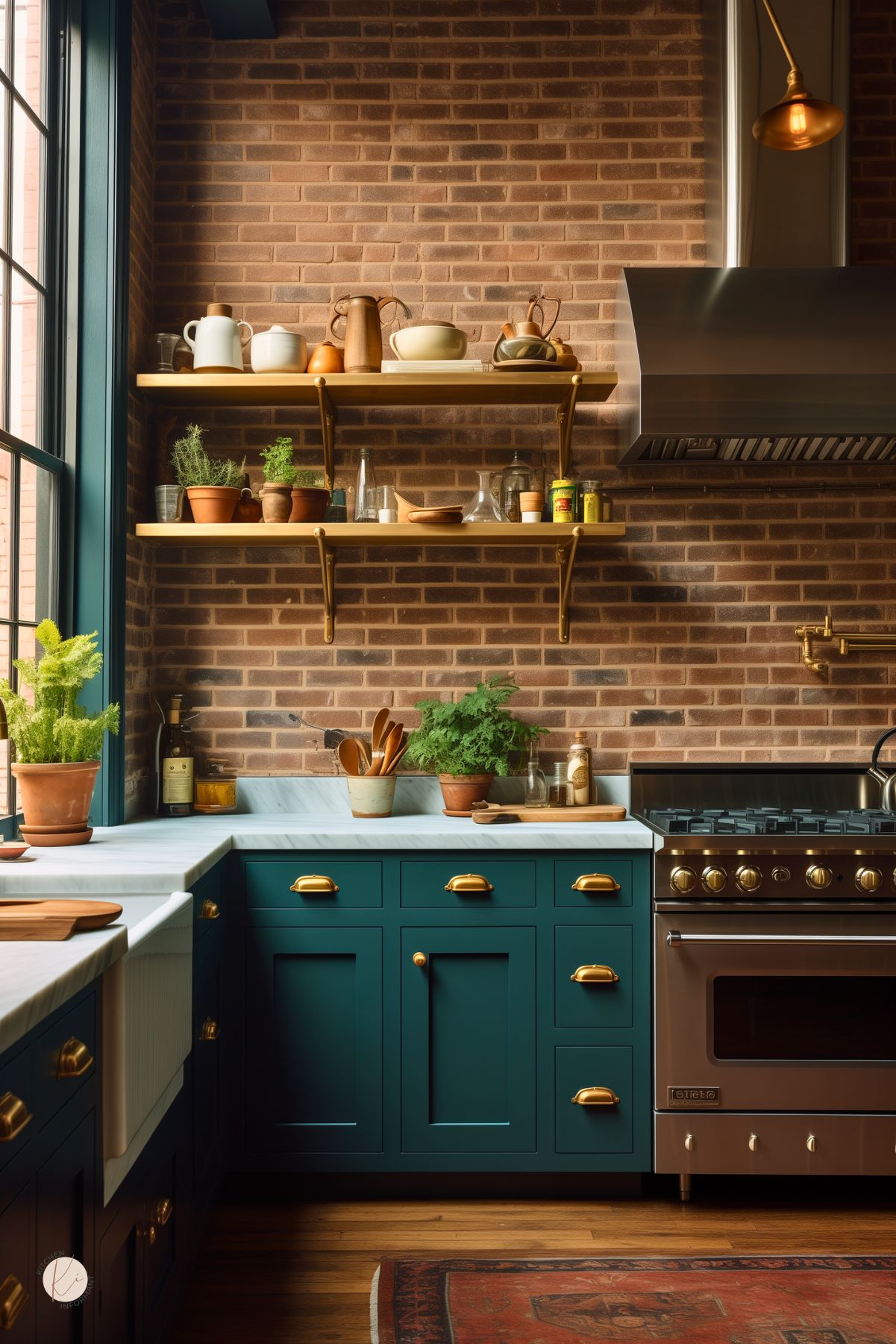 Kitchen with exposed brick walls, deep green lower cabinets, and gold hardware. Open wood shelves display ceramics, herbs, and glassware. A large stainless steel range and hood sit beneath a brass pot filler. Marble countertops and farmhouse sink complete the warm, rustic-modern look.