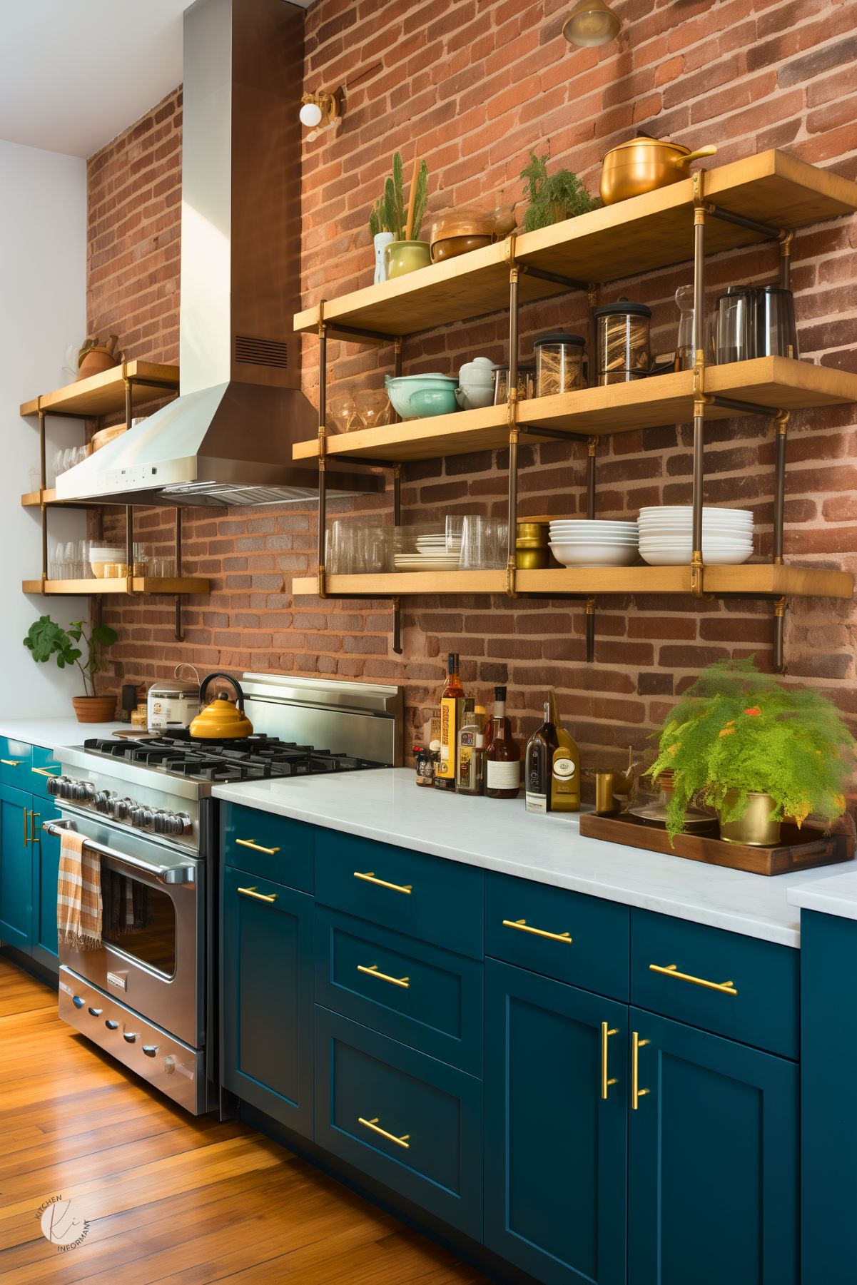 Eclectic kitchen with rich exposed brick walls, teal lower cabinets, and gold hardware. Floating wood and pipe shelves showcase colorful dishes and glassware. A stainless steel range and hood sit below a yellow kettle, while a mix of greenery and bottles adds warmth and personality to the marble countertops.
