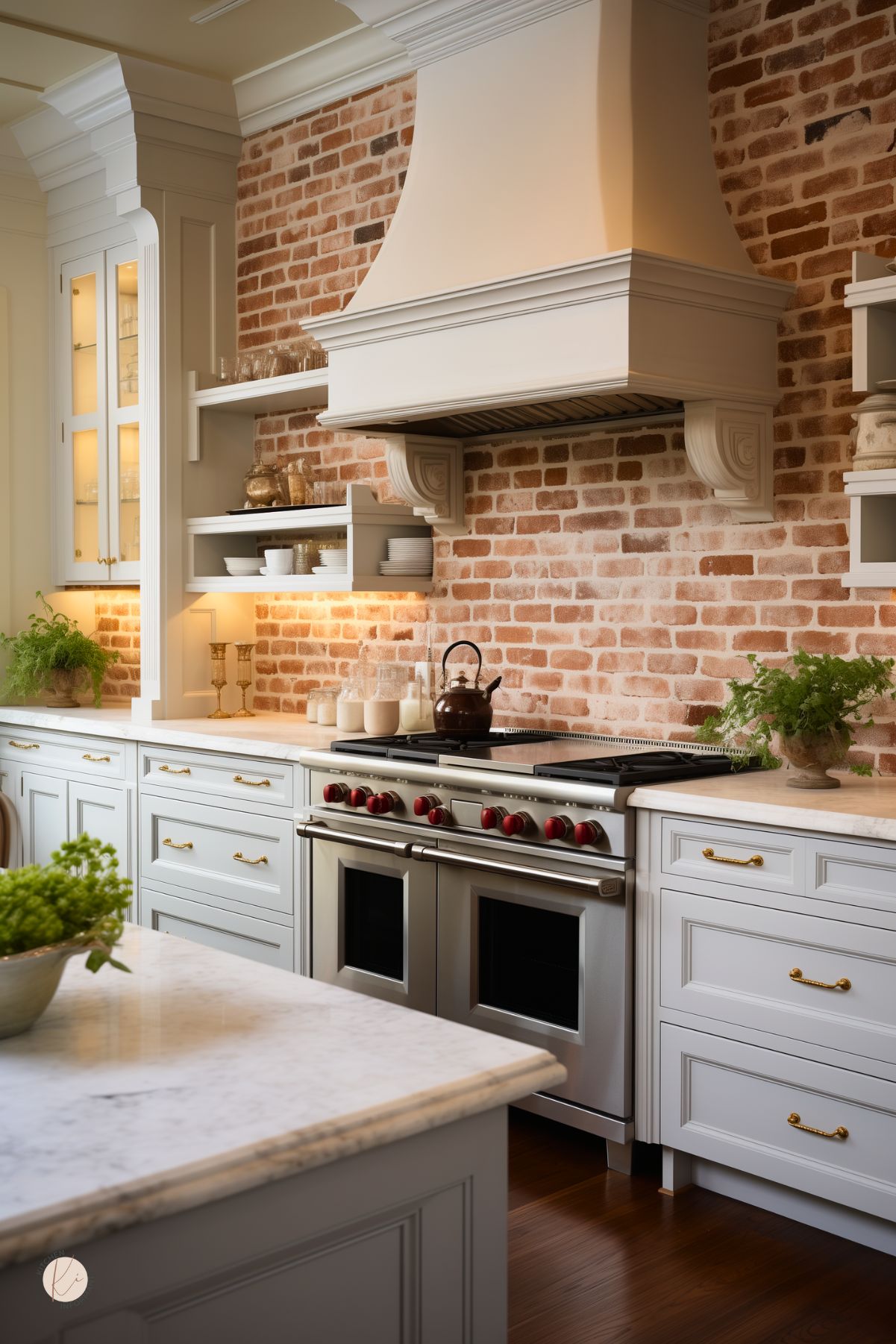 Traditional kitchen with soft gray cabinets, white marble countertops, and warm exposed brick backsplash. A large custom range hood and red-knobbed dual oven anchor the space. Open shelves display white dishes and brass accents, while under-cabinet lighting and greenery add warmth and charm.