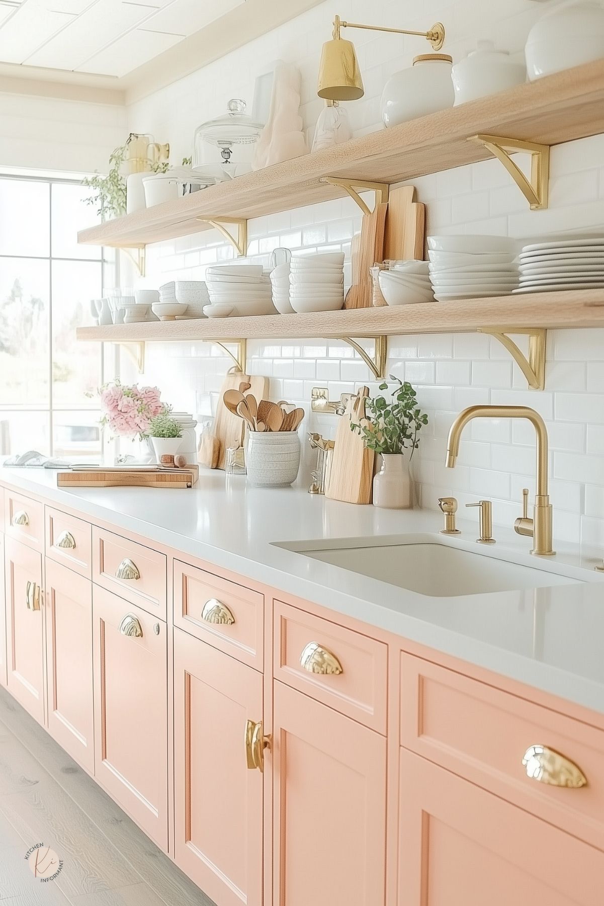 Soft peach kitchen with shaker cabinets, gold cup pulls, and a white quartz countertop. Open wood shelving with gold brackets displays stacked white dishes and decor. A brass faucet, cutting boards, and fresh flowers add warmth and charm against the white subway tile backsplash. Large window fills the space with natural light for a bright and inviting feel.