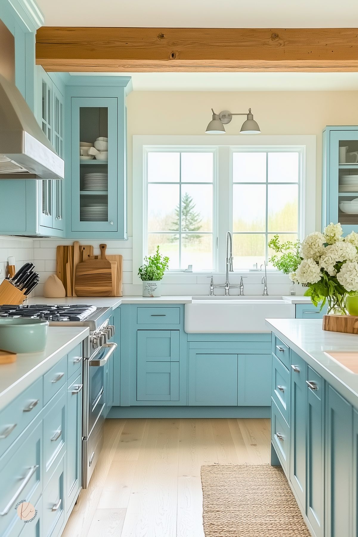 Light blue farmhouse kitchen with shaker cabinets, white countertops, and a large apron-front sink beneath a double window. Natural wood ceiling beam, cutting boards, and a woven rug add warmth. Stainless steel appliances, a white tile backsplash, and glass-front cabinets create a clean, inviting space accented with fresh flowers and herbs.