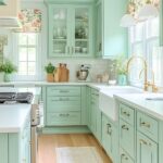 Mint green kitchen with shaker cabinets, white quartz countertops, and brass hardware. White farmhouse sink under double windows with floral Roman shades. Light wood floors, subway tile backsplash, and vintage-inspired gold faucet. Fresh flowers, cutting boards, and pastel ceramics add charm to the cozy, cottage-style space.