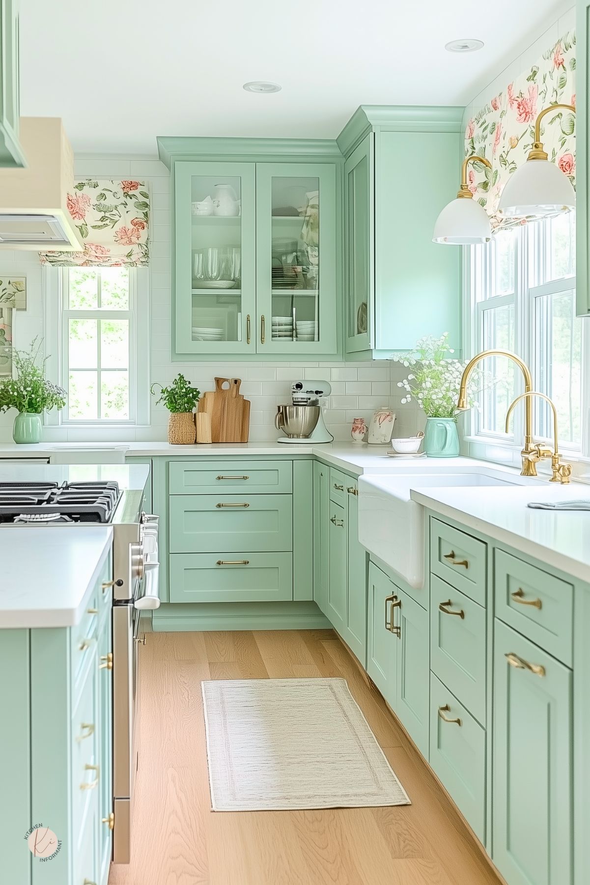 Mint green kitchen with shaker cabinets, white quartz countertops, and brass hardware. White farmhouse sink under double windows with floral Roman shades. Light wood floors, subway tile backsplash, and vintage-inspired gold faucet. Fresh flowers, cutting boards, and pastel ceramics add charm to the cozy, cottage-style space.