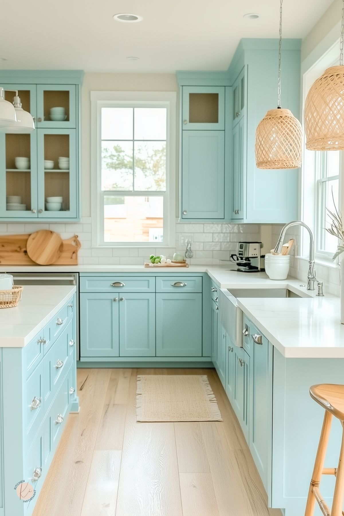 Coastal-inspired kitchen with soft turquoise cabinets, white quartz countertops, and chrome hardware. Light wood floors and woven rattan pendant lights add warmth and texture. White farmhouse sink sits under a large window, and glass-front cabinets display simple dishware. Subway tile backsplash and natural accents create a breezy, relaxed atmosphere.