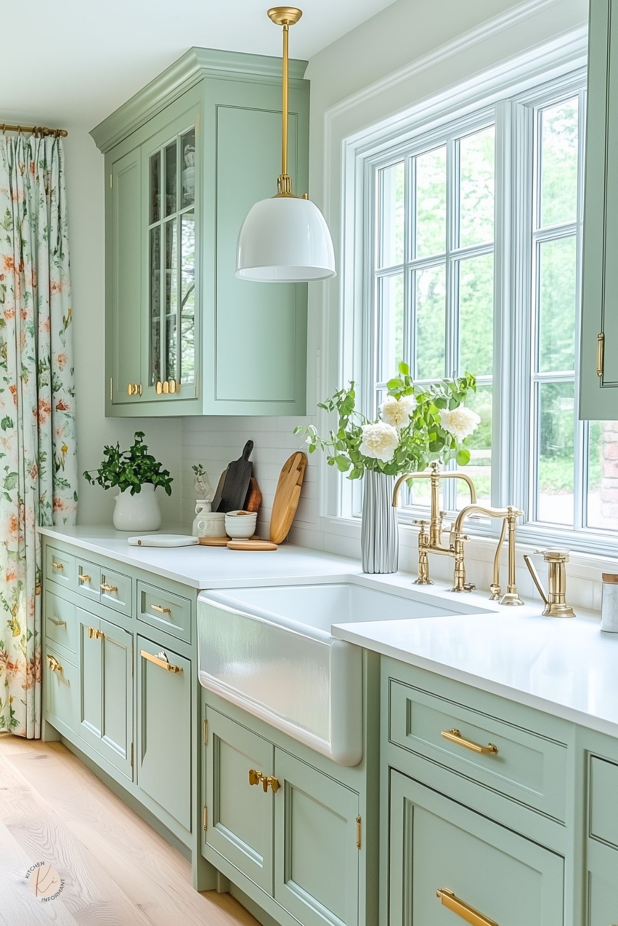Soft sage green kitchen with shaker cabinets, gold hardware, and a white farmhouse sink under a large window. White quartz countertops, a brass bridge faucet, and a fluted vase with white flowers add elegance. A mix of wood cutting boards and ceramic decor bring warmth, while floral curtains and a globe pendant light enhance the cozy, cottage-style charm.