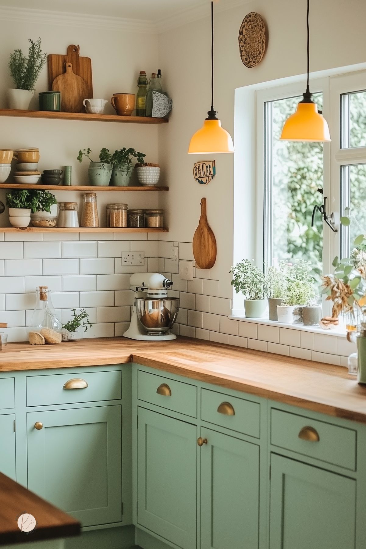 Cozy mint green kitchen with shaker cabinets, butcher block countertops, and brass cup pulls. White subway tile backsplash and floating wood shelves hold colorful mugs, bowls, spices, and potted herbs. Warm amber pendant lights hang over the workspace, while a sunny window ledge is lined with plants, creating a charming, lived-in cottage feel.