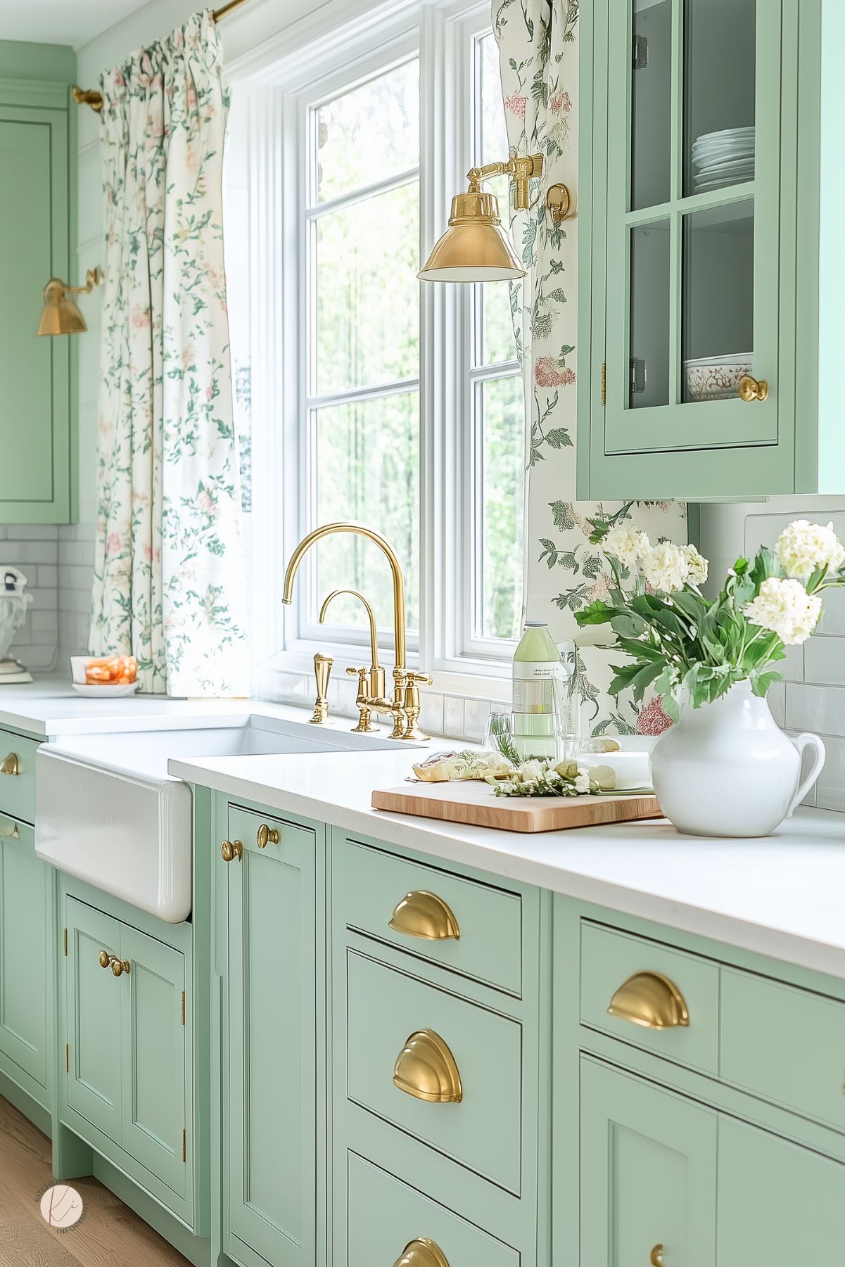 Charming pastel green kitchen with white countertops, brass cup pulls and faucet, and a classic farmhouse sink. Large window framed by floral curtains lets in natural light. Glass-front cabinets, brass wall sconces, and a vase of white flowers add to the cottagecore appeal. A cutting board with herbs and a drink bottle sits on the counter.