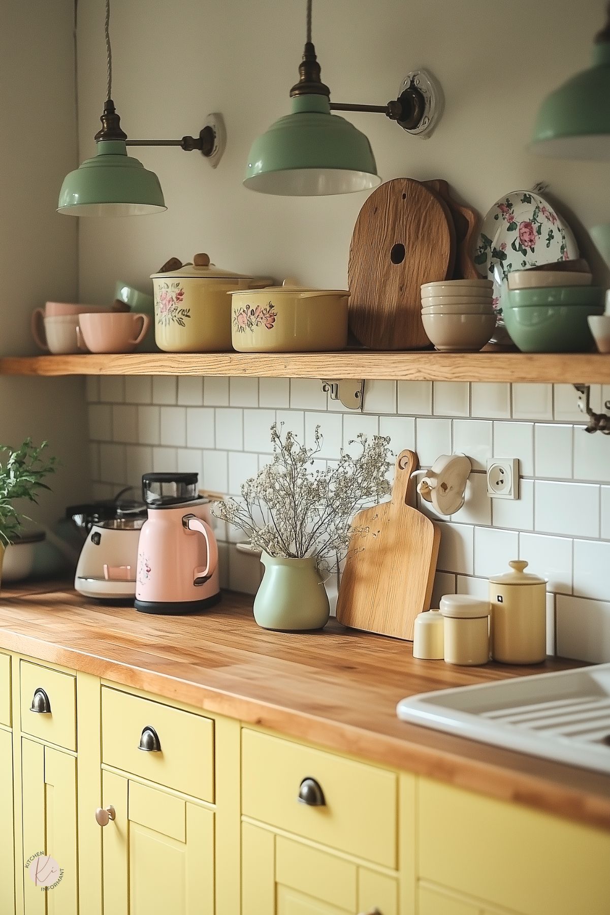 Vintage-inspired kitchen with soft yellow shaker cabinets, warm butcher block countertops, and a white tile backsplash. Open wood shelving displays pastel cookware and floral ceramics. Green pendant lights and a pink electric kettle add charm, while dried flowers in a pitcher and wooden cutting boards enhance the cozy, retro feel.