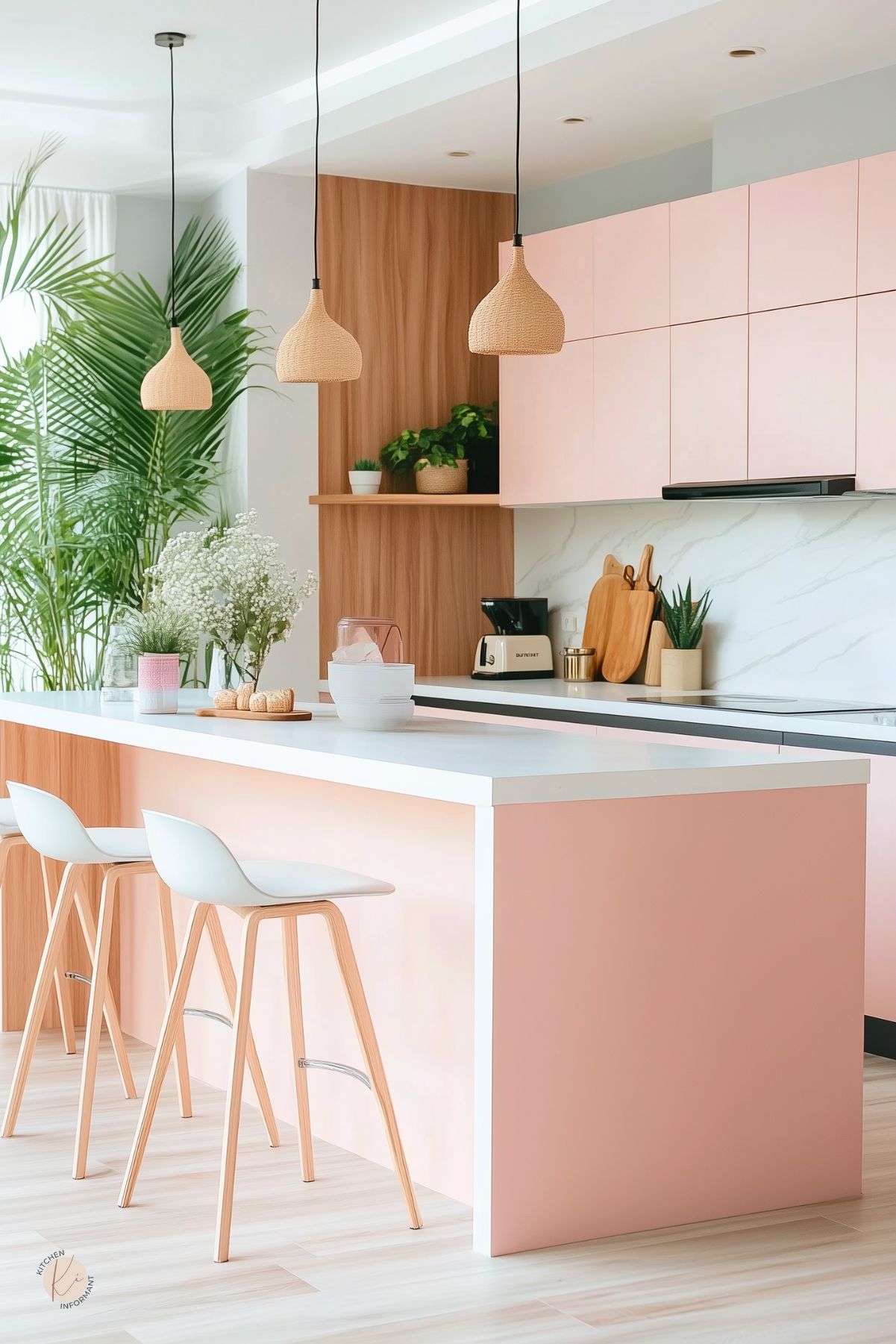 Modern kitchen with soft pink cabinets and island, paired with white countertops and light wood accents. Three woven pendant lights hang above the island, which is flanked by minimalist white barstools. Light wood flooring and lush green plants add a fresh, tropical vibe. Marble backsplash and wood cutting boards provide natural texture and warmth.