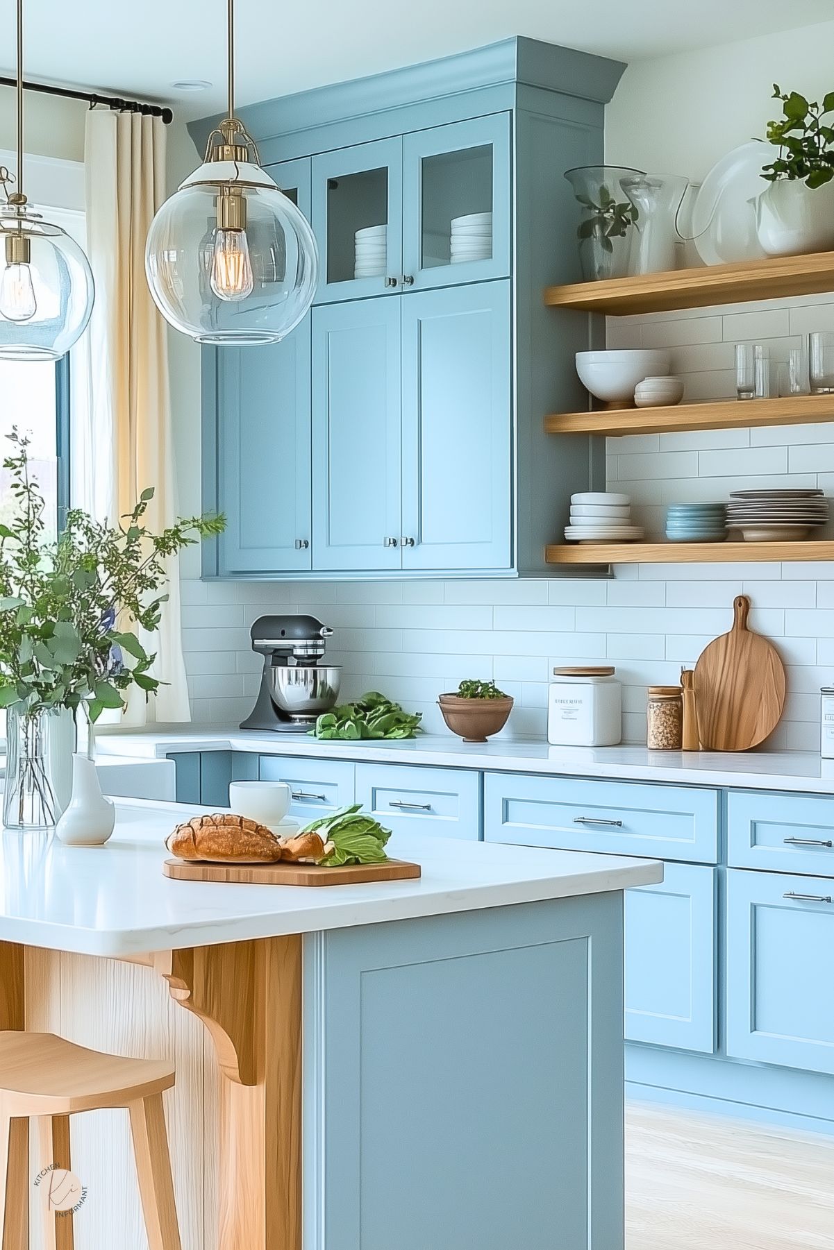 Light blue kitchen with white countertops, natural wood accents, and open shelving. Glass pendant lights hang above the island, which features wood trim and a wooden stool. Subway tile backsplash, shaker cabinets, and a mix of ceramic and glass dishware create a fresh, airy vibe. Pops of greenery and a loaf of bread on a cutting board add a cozy, lived-in feel.