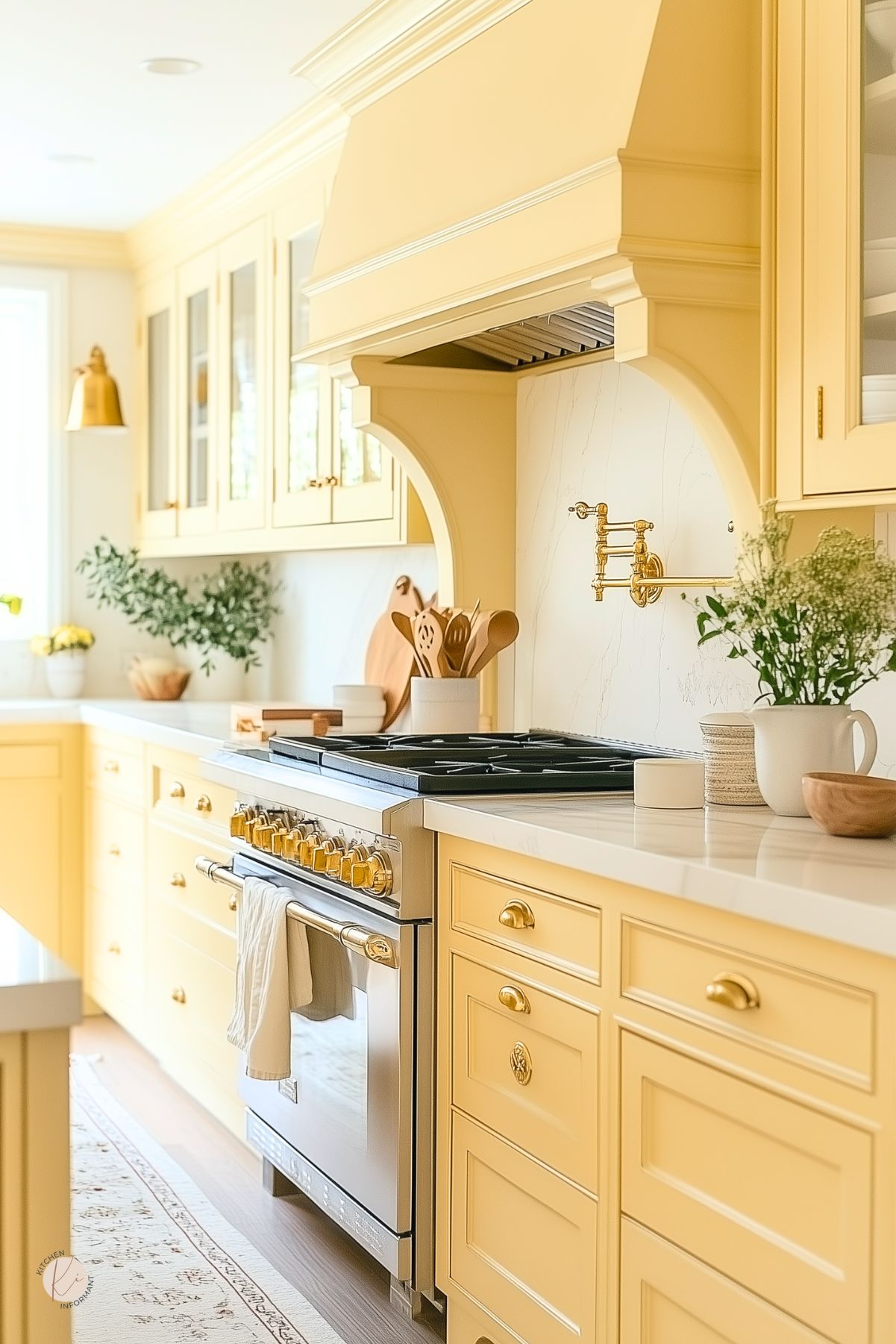 Bright yellow kitchen with classic cabinetry, gold hardware, and a statement range hood. White quartz countertops and a marble-look backsplash add a clean contrast. The space features a stainless steel gas range with yellow knobs, a pot filler, and warm wood accents like cutting boards and utensils. Fresh greenery and soft natural light complete the cheerful, sunny design.