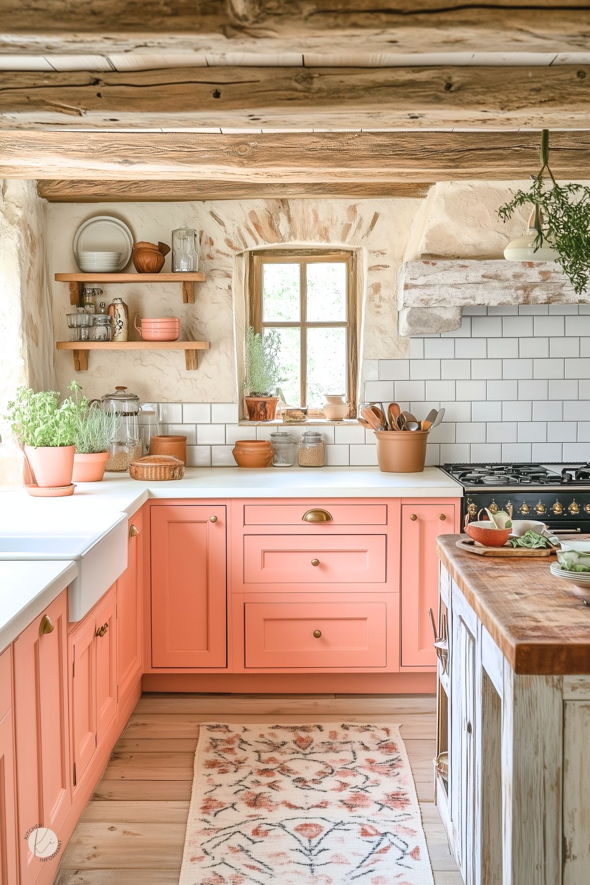 Rustic kitchen with coral shaker cabinets, brass hardware, and a white farmhouse sink. Natural wood beams, textured plaster walls, and subway tile backsplash enhance the cozy cottage charm. Open wood shelves display dishes and pottery, while terracotta planters and a floral rug add warmth. A weathered wood island and black vintage-style stove complete the farmhouse aesthetic.