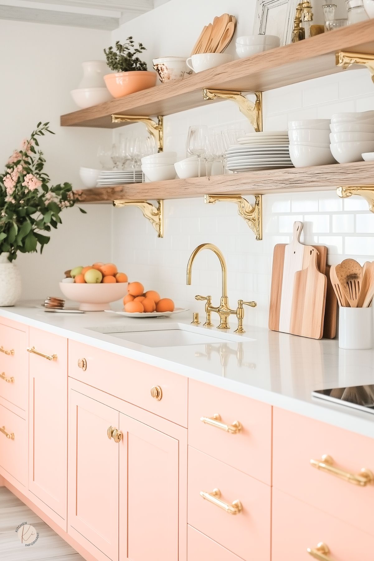 Peach-pink kitchen with shaker cabinets, white countertops, and polished gold hardware. Brass faucet and white farmhouse sink sit beneath open wood shelves with gold brackets. Shelves display white dishes, glassware, and pastel accents. Fresh fruit and flowers add a vibrant touch to the bright, airy space with a modern cottage feel.