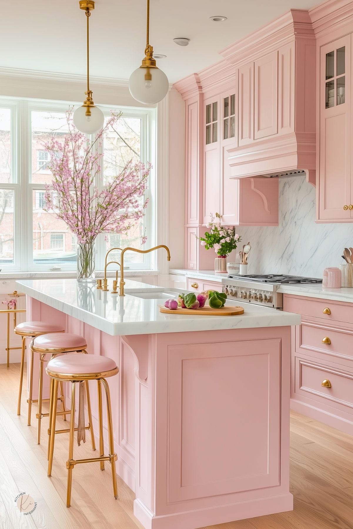 Luxurious pastel pink kitchen with detailed cabinetry, a large marble island, and gold fixtures. Glossy pink and gold barstools line the island, which features a white farmhouse sink and matching gold faucet. Marble backsplash, globe pendant lights, and blooming cherry blossoms in a vase add elegance and charm to the sunlit space.