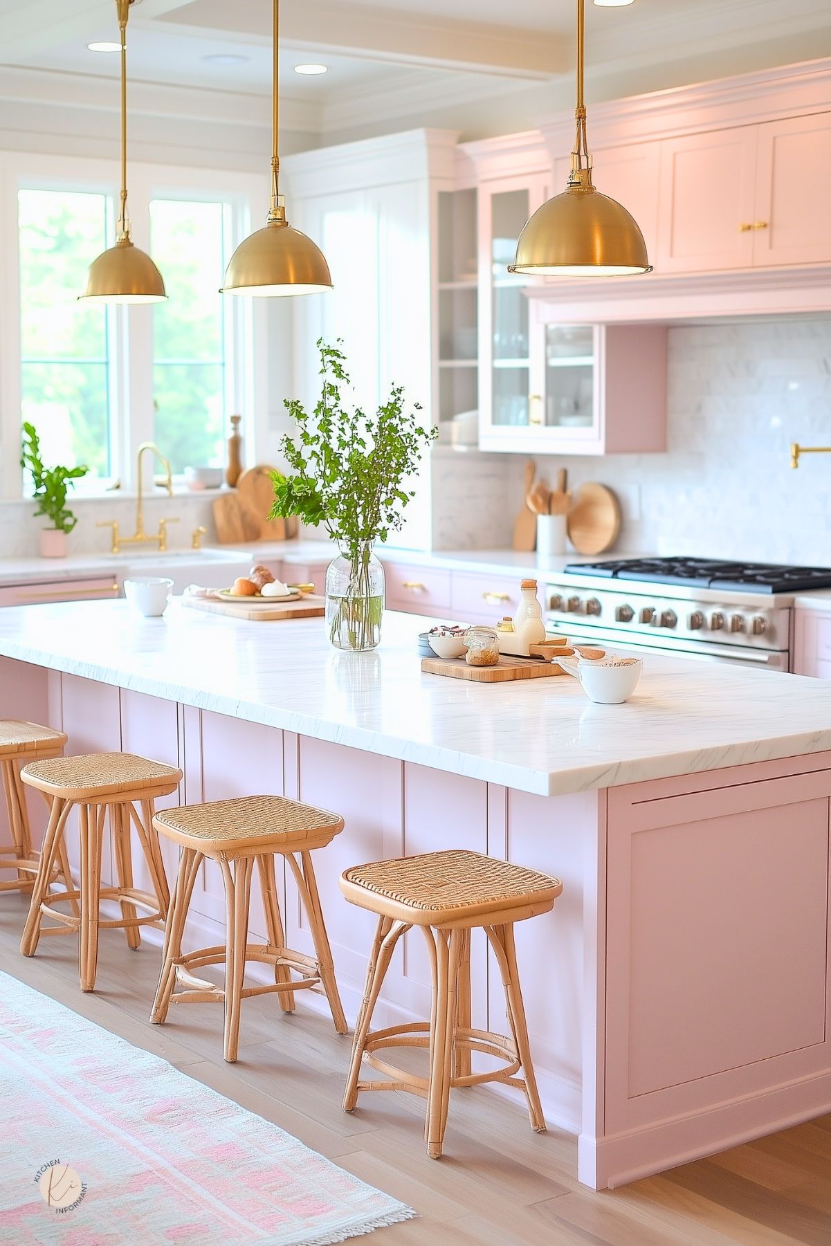 Elegant pastel pink kitchen with a large white marble island and natural wood barstools. Gold dome pendant lights hang above, complementing the brass hardware and faucet. Glass-front cabinets, a soft patterned rug, and fresh greenery add warmth and charm to the bright, airy space. White tile backsplash and soft wood flooring enhance the cozy modern cottage vibe.
