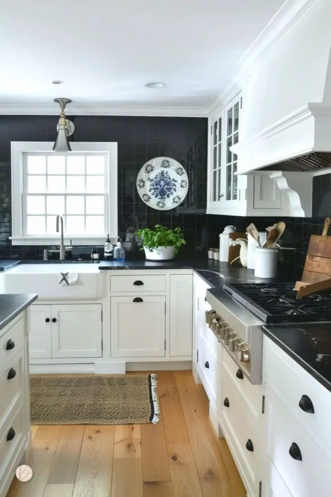 White kitchen with black countertops and a glossy black tile backsplash. Shaker-style cabinetry, a farmhouse sink beneath a gridded window, and a stainless steel gas range add classic charm. A blue and white decorative plate hangs above a potted herb plant. Light wood floors and a woven rug complete the cozy look.