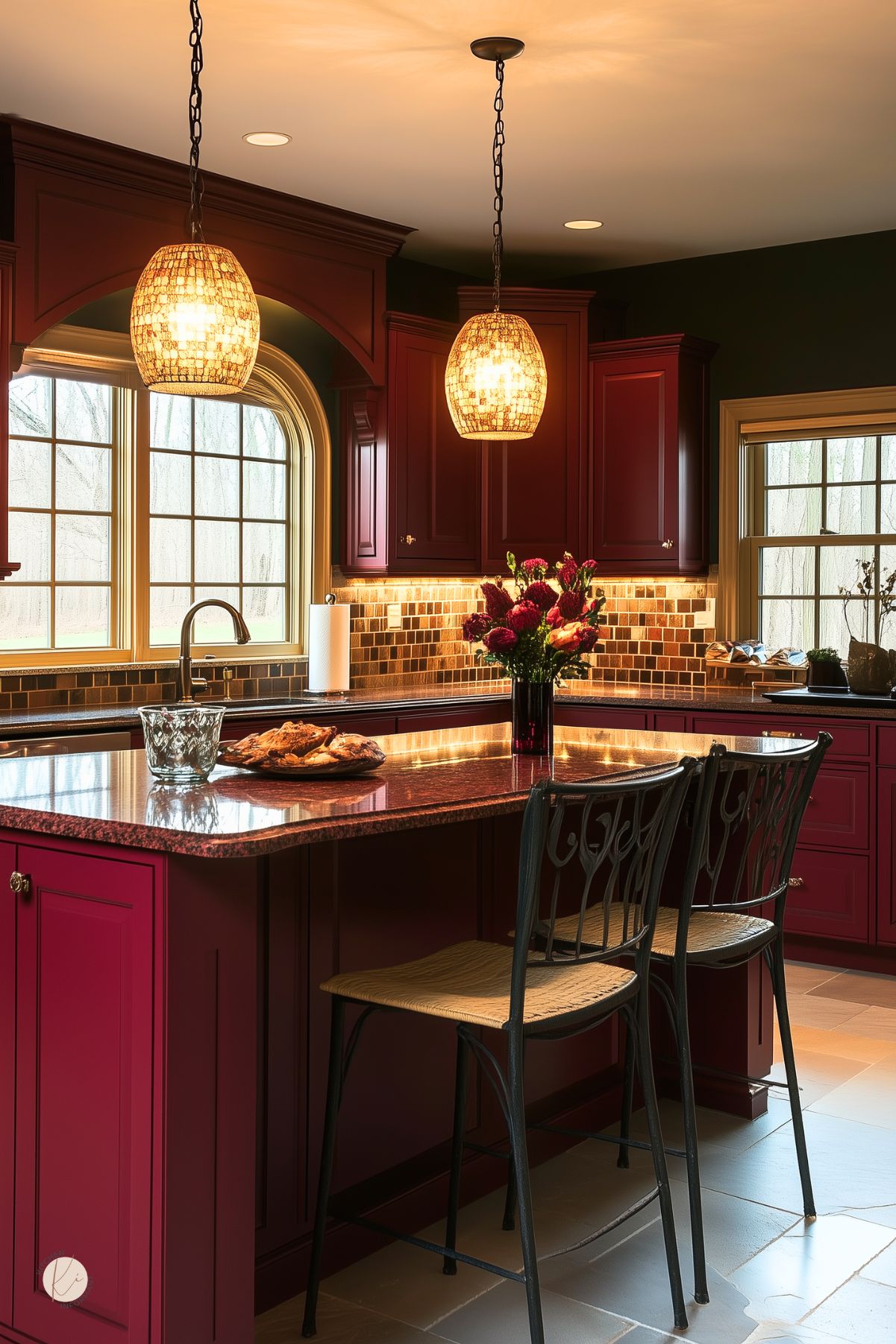 Warm traditional kitchen with deep burgundy cabinets, a burgundy granite island, mosaic tile backsplash in earth tones, two woven pendant lights, and black metal bar stools with woven seats, creating a cozy and inviting atmosphere.