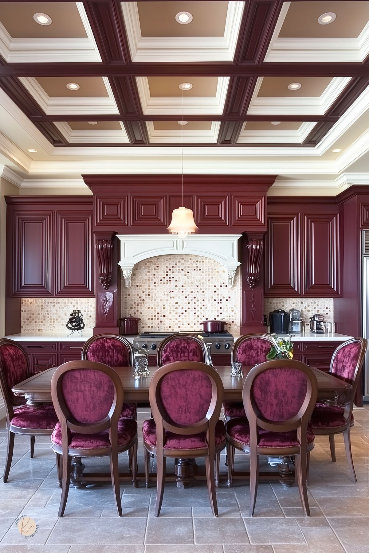 Grand kitchen with deep burgundy cabinetry, an ivory stove hood, a mosaic tile backsplash, a wood dining table surrounded by burgundy velvet chairs, and an intricate burgundy and cream coffered ceiling, creating an elegant and richly detailed space.