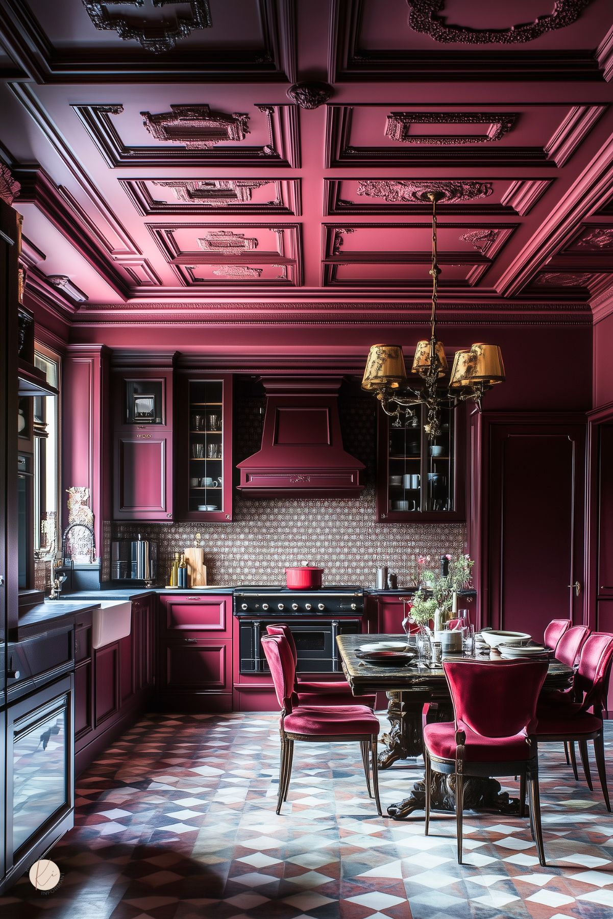 Grand traditional kitchen with deep burgundy cabinetry, an ornate burgundy coffered ceiling, a black and burgundy range, a detailed patterned backsplash, a dark wood dining table, and burgundy velvet dining chairs, creating a dramatic and elegant space.