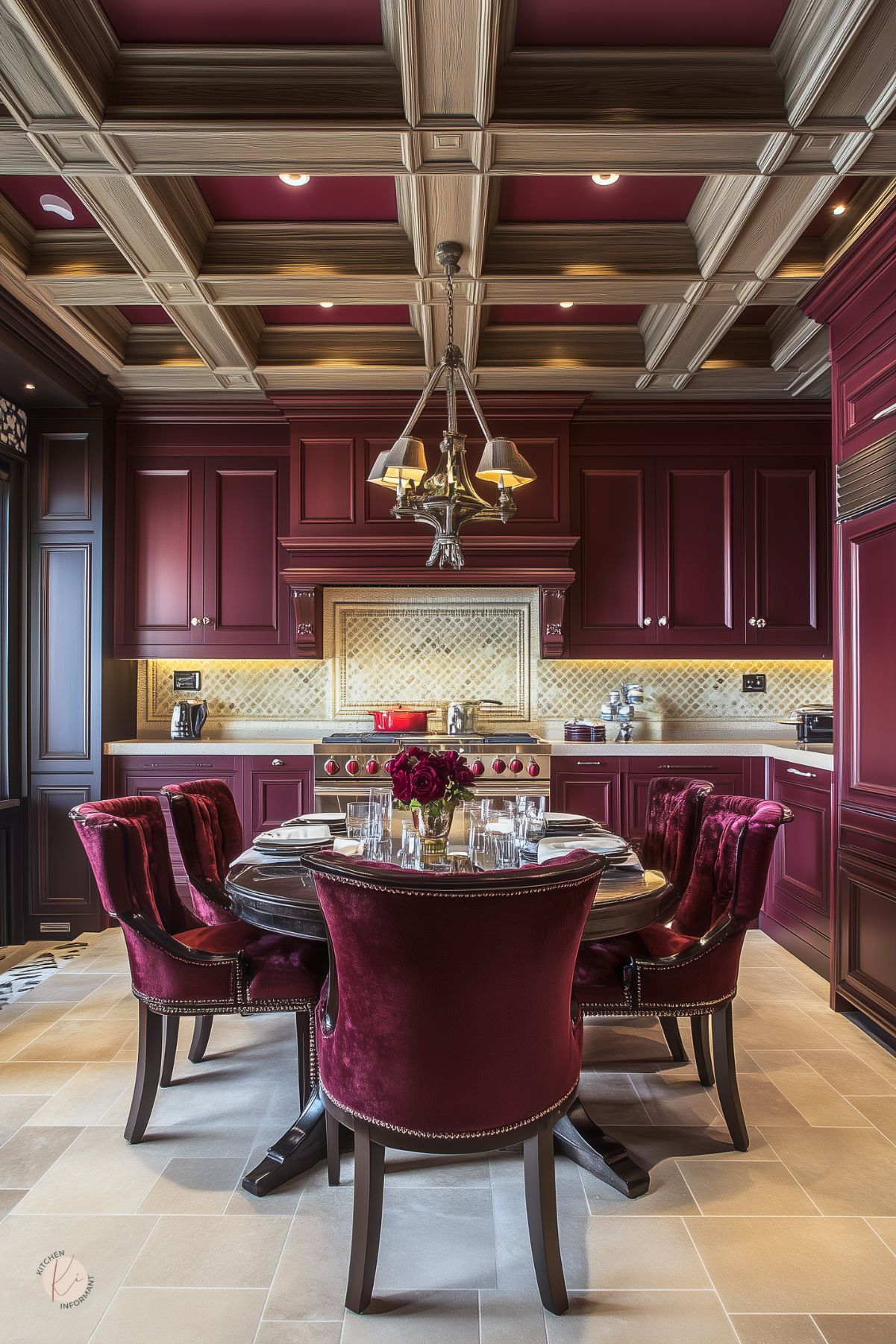 Elegant traditional kitchen with rich burgundy cabinetry, a detailed mosaic tile backsplash, a wood coffered ceiling with burgundy insets, a round dark wood dining table, and plush burgundy velvet dining chairs, creating a luxurious and inviting space.