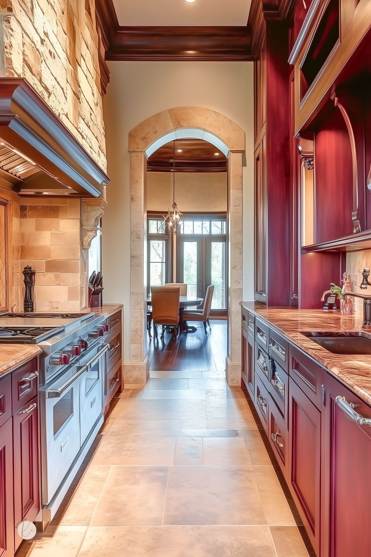 Elegant kitchen with rich burgundy cabinetry, natural stone backsplash and range hood, warm granite countertops, and an arched stone doorway leading to a formal dining room, creating a luxurious and timeless atmosphere.