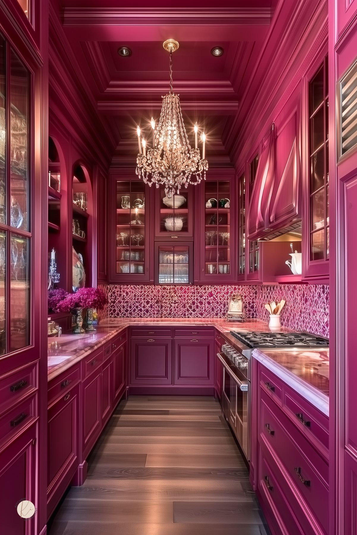 Luxurious kitchen with vibrant burgundy cabinetry, glass-front cabinets displaying elegant dishware, a bold patterned burgundy backsplash, pink marble countertops, and a sparkling crystal chandelier, creating a glamorous and richly detailed space.