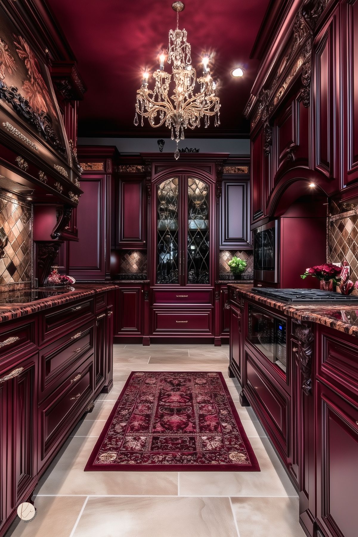 Lavish traditional kitchen with rich burgundy cabinetry, intricate dark marble countertops, diamond-patterned tile backsplash, a crystal chandelier, glass-front display cabinets, and a burgundy patterned runner rug, creating an opulent and dramatic space.
