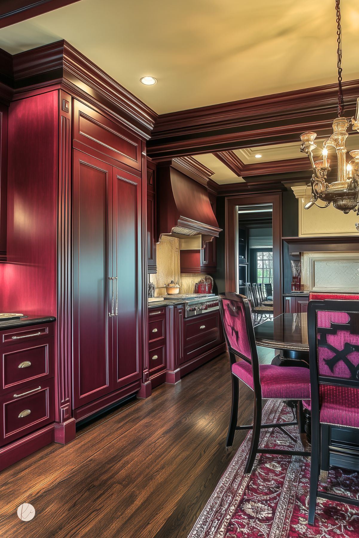 Traditional kitchen with deep burgundy cabinetry, matching burgundy and black dining chairs, a rich wood dining table, a coffered ceiling, a dramatic chandelier, and dark hardwood floors, creating a warm and luxurious space.