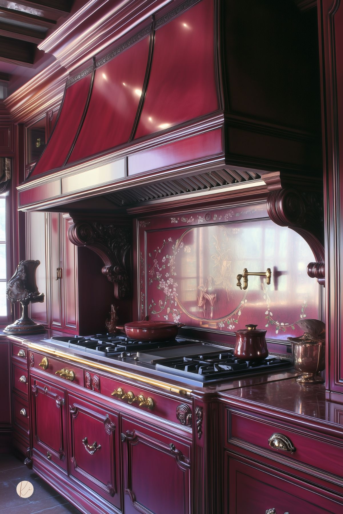 Opulent kitchen design with deep burgundy cabinetry, a grand burgundy range hood, intricate gold hardware, a hand-painted floral backsplash with a classical motif, and a pot filler faucet, blending Old World craftsmanship with rich, dramatic color.
