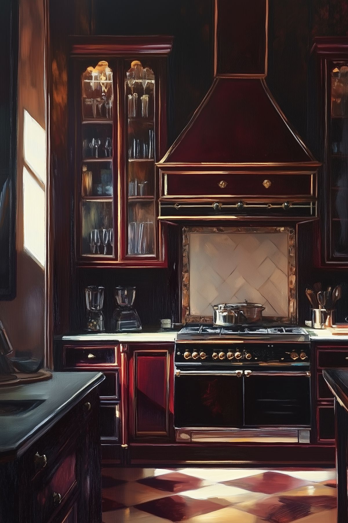 Artistic rendering of a traditional kitchen with rich burgundy cabinetry, a dramatic burgundy range hood, glass-front cabinets, a checkerboard tile floor, and a vintage-style range, creating a warm, moody, and elegant atmosphere.