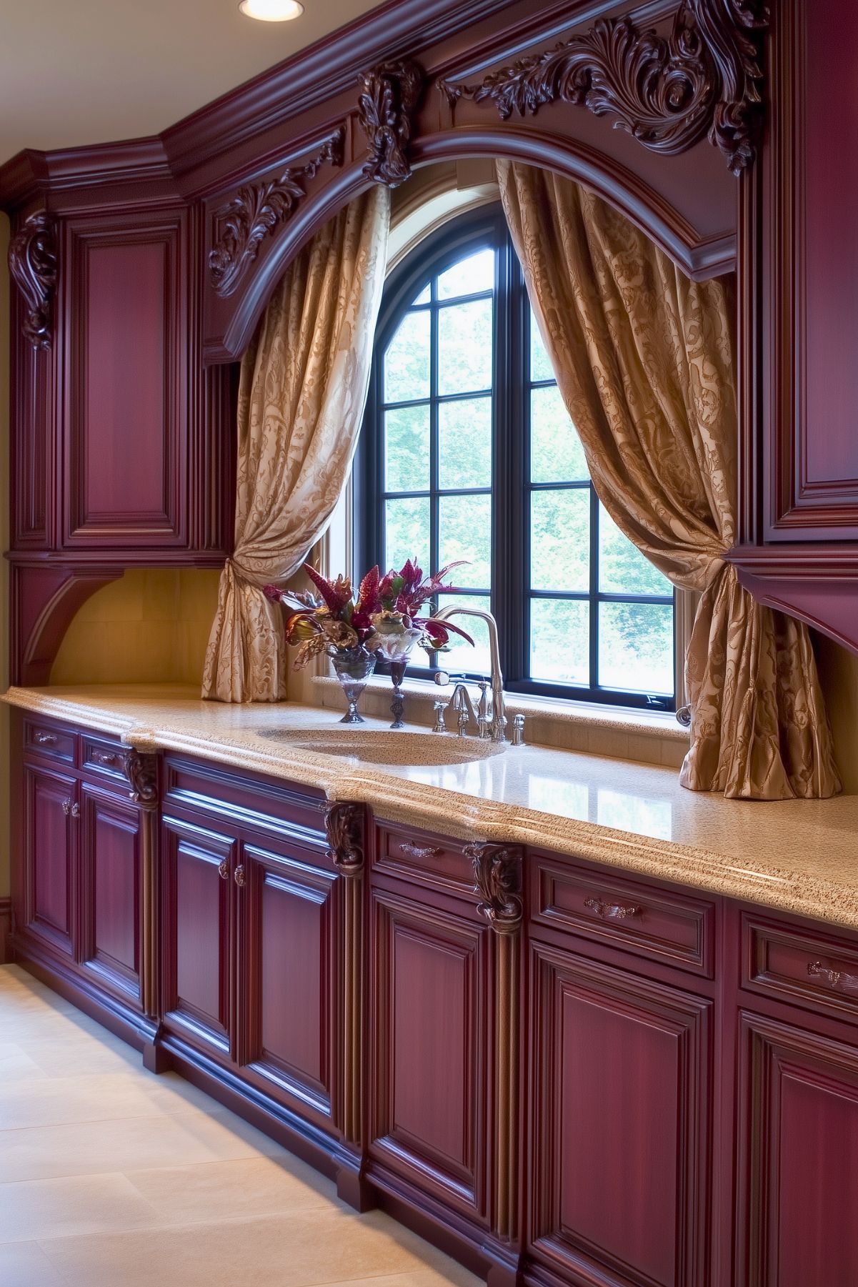 Traditional kitchen with rich burgundy wood cabinetry, ornate carved detailing, a creamy stone countertop, and a large arched window framed by luxurious gold drapes, creating a grand and elegant atmosphere.