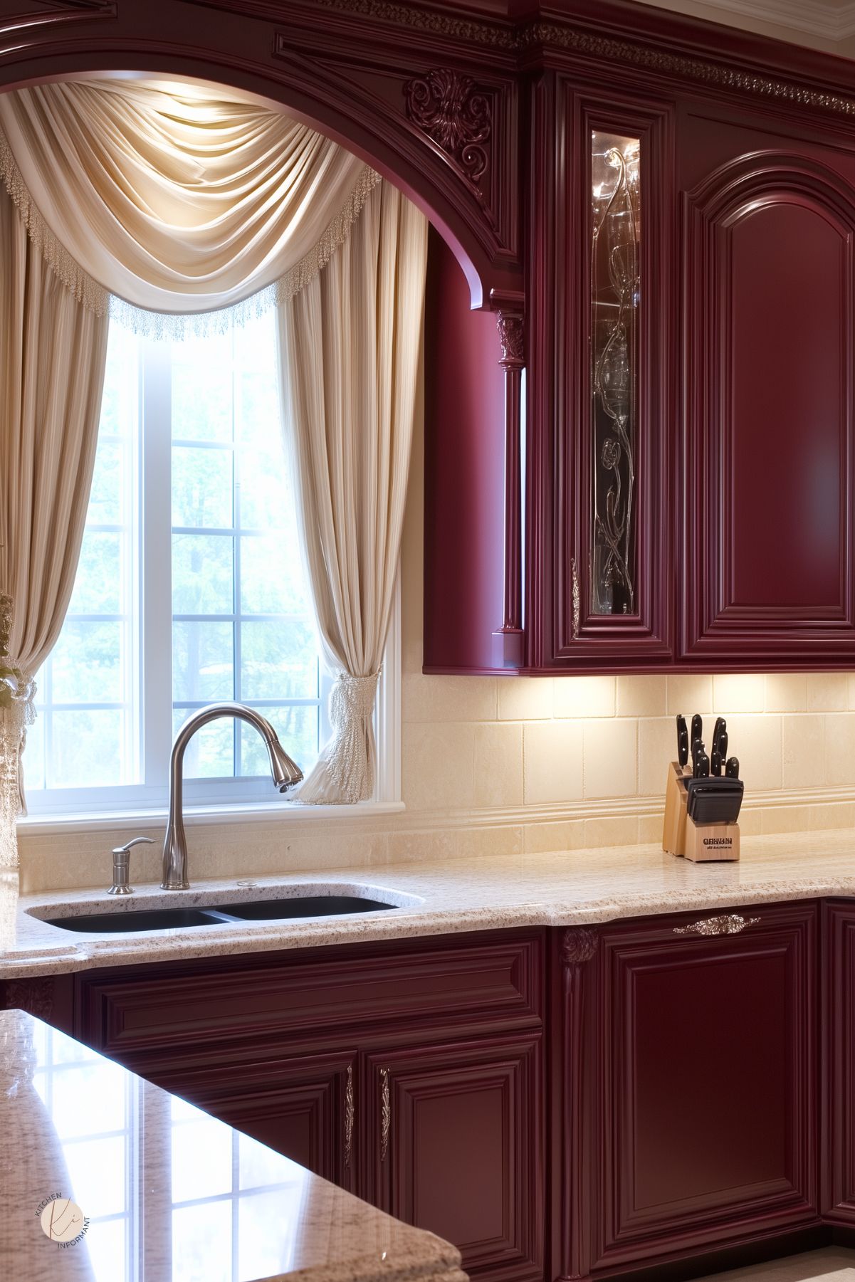 Traditional kitchen with burgundy cabinetry featuring ornate detailing, creamy stone countertops, a stainless steel faucet, and an elegant window framed by luxurious gathered cream drapes, creating a bright and refined space.