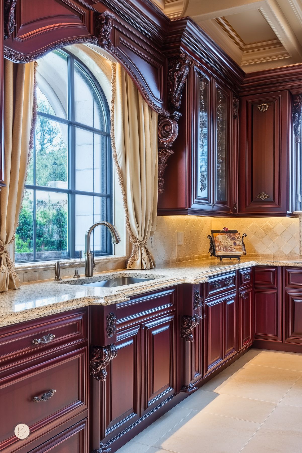 Luxurious traditional kitchen with rich burgundy wood cabinets featuring ornate carvings, a creamy granite countertop, a large arched window with elegant gold curtains, and a neutral tile backsplash, creating a classic and sophisticated design.