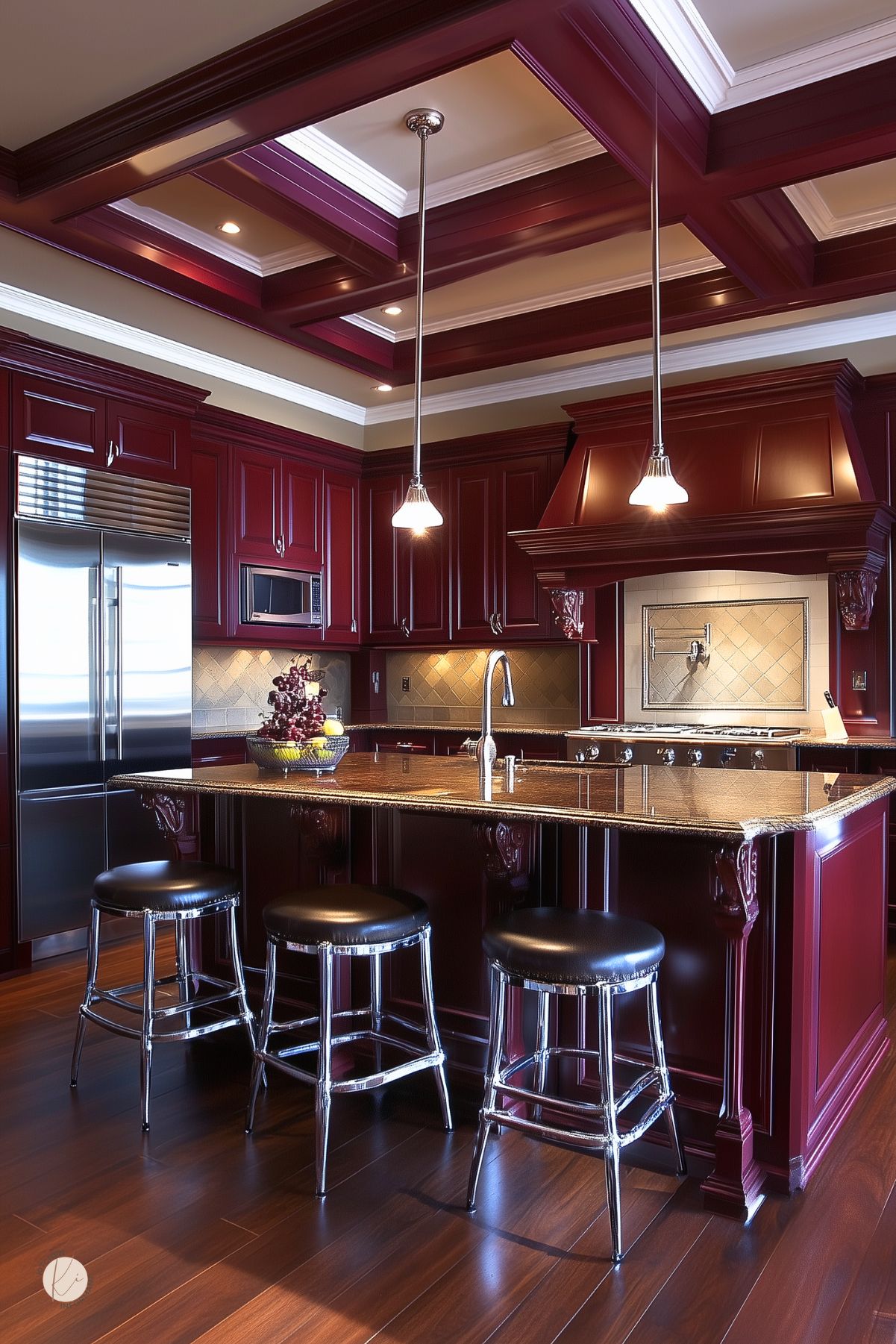 Sophisticated kitchen with rich burgundy cabinetry, a burgundy coffered ceiling, stainless steel appliances, a large dark granite island with ornate corbels, leather and chrome barstools, and pendant lights, blending traditional craftsmanship with modern touches.