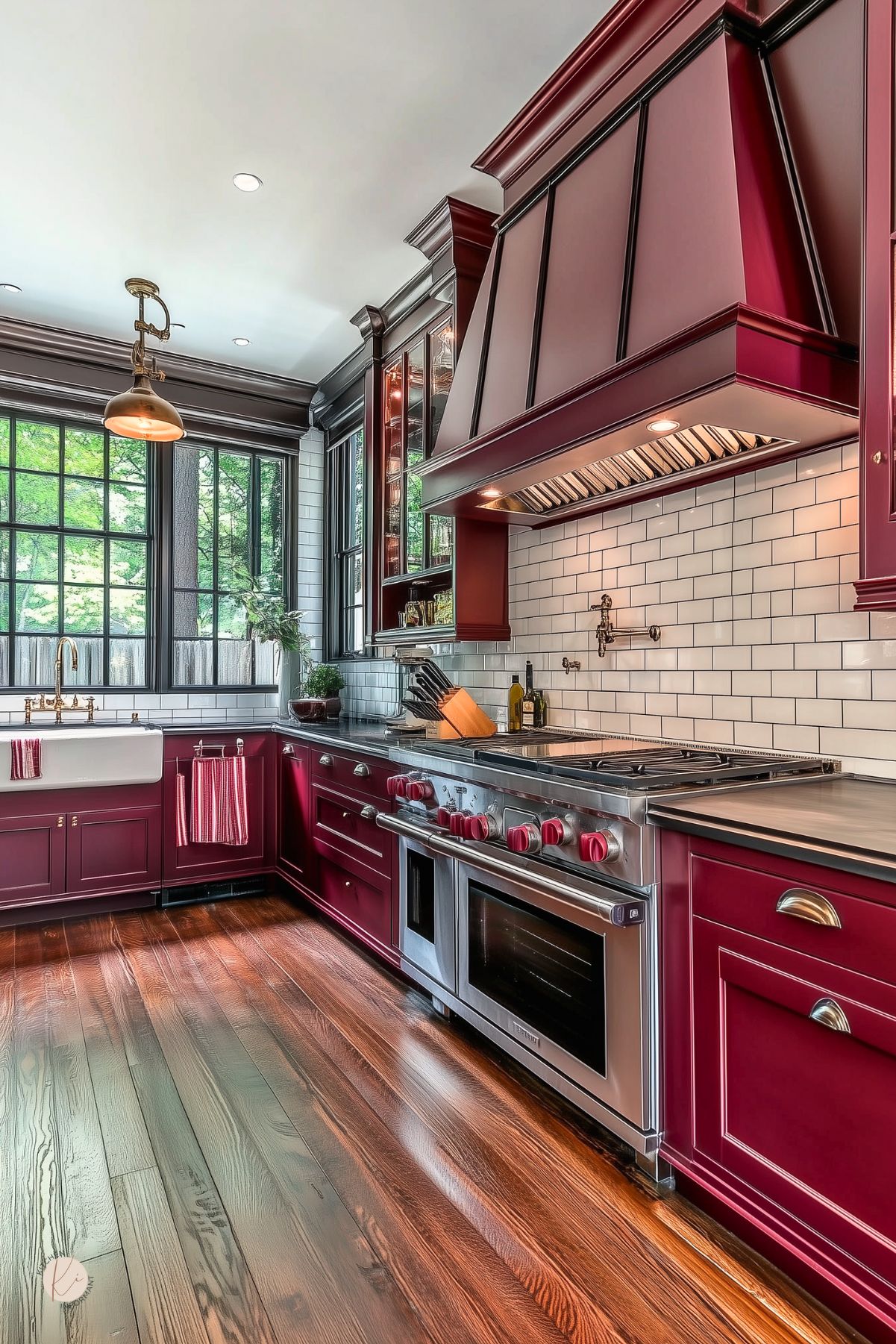 Charming traditional kitchen with burgundy cabinets, a large burgundy range hood, white subway tile backsplash, farmhouse sink with brass fixtures, stainless steel appliances, and rich wood flooring, blending classic design with a warm, inviting feel.