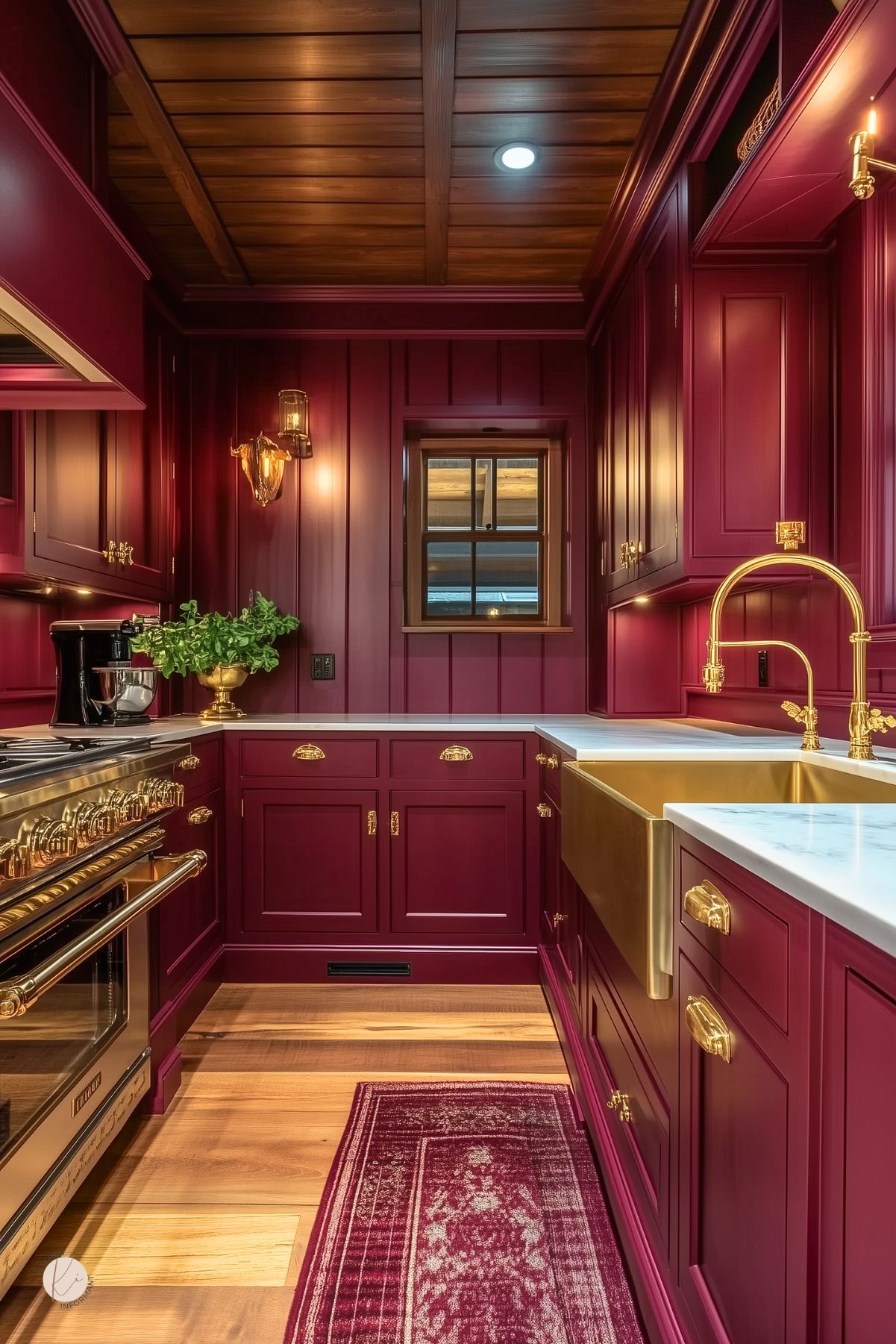 Cozy traditional kitchen with burgundy cabinetry, a gold farmhouse sink, marble countertops, brass hardware, a rich wood plank ceiling, and a burgundy patterned runner rug, blending luxurious materials with a warm, inviting atmosphere.