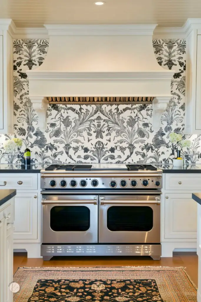 Black and white floral wallpaper backsplash behind a large stainless steel double oven range with black knobs. The kitchen features white shaker cabinets with black countertops, a custom white range hood with crown molding, and a Persian-style area rug with a black and rust color palette.