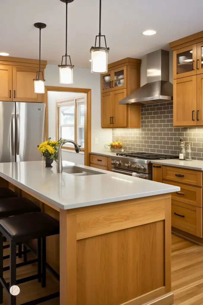 Modern kitchen with flat-panel warm oak cabinets, a sleek gray subway tile backsplash, and stainless steel appliances. A large island with white quartz countertop features an under-mount sink and seating with black stools. Three pendant lights add soft illumination, while a vase of yellow flowers adds a cheerful touch.