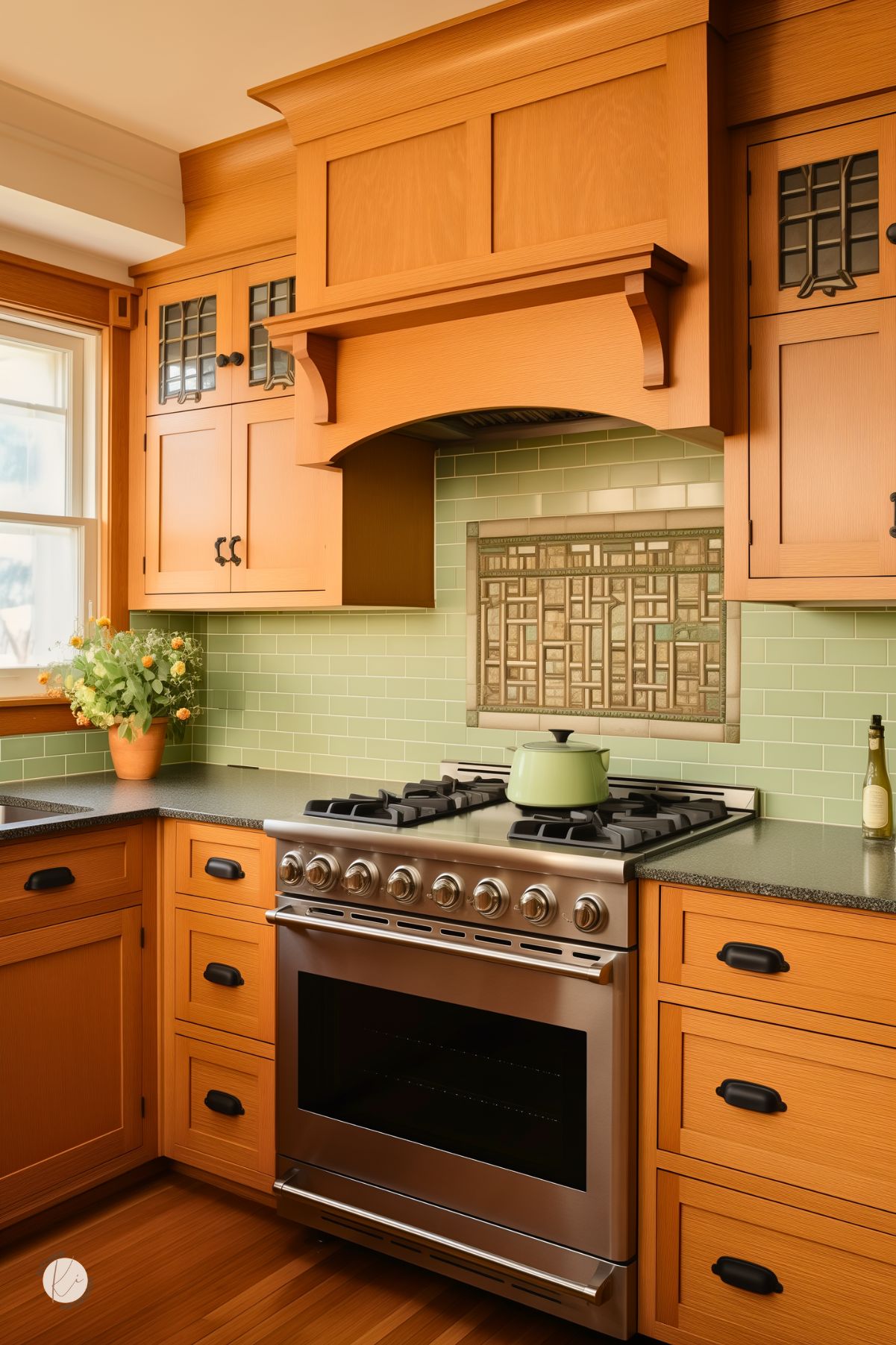 Craftsman-style kitchen with warm oak cabinets, black hardware, and decorative leaded glass inserts. The backsplash features soft green subway tiles with a detailed mosaic tile accent behind the stainless steel range. Black countertops and a matching range hood surround complete the cozy, vintage-inspired space. A potted flower arrangement adds a fresh touch by the window.