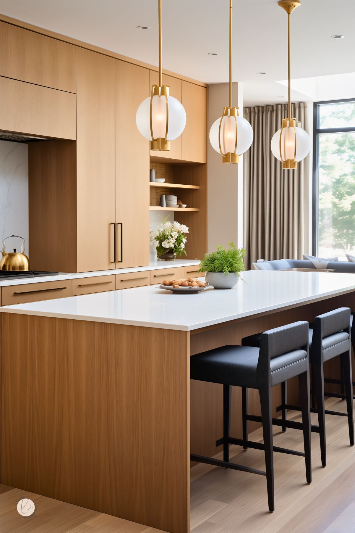 Minimalist kitchen with flat-front warm oak cabinetry, a sleek white waterfall island, and matte black barstools. Gold and frosted globe pendant lights add a modern glam touch above the island. Open shelving displays neutral dishware, while fresh greenery and flowers provide subtle decor. Large windows with beige drapes bring in natural light for an airy feel.