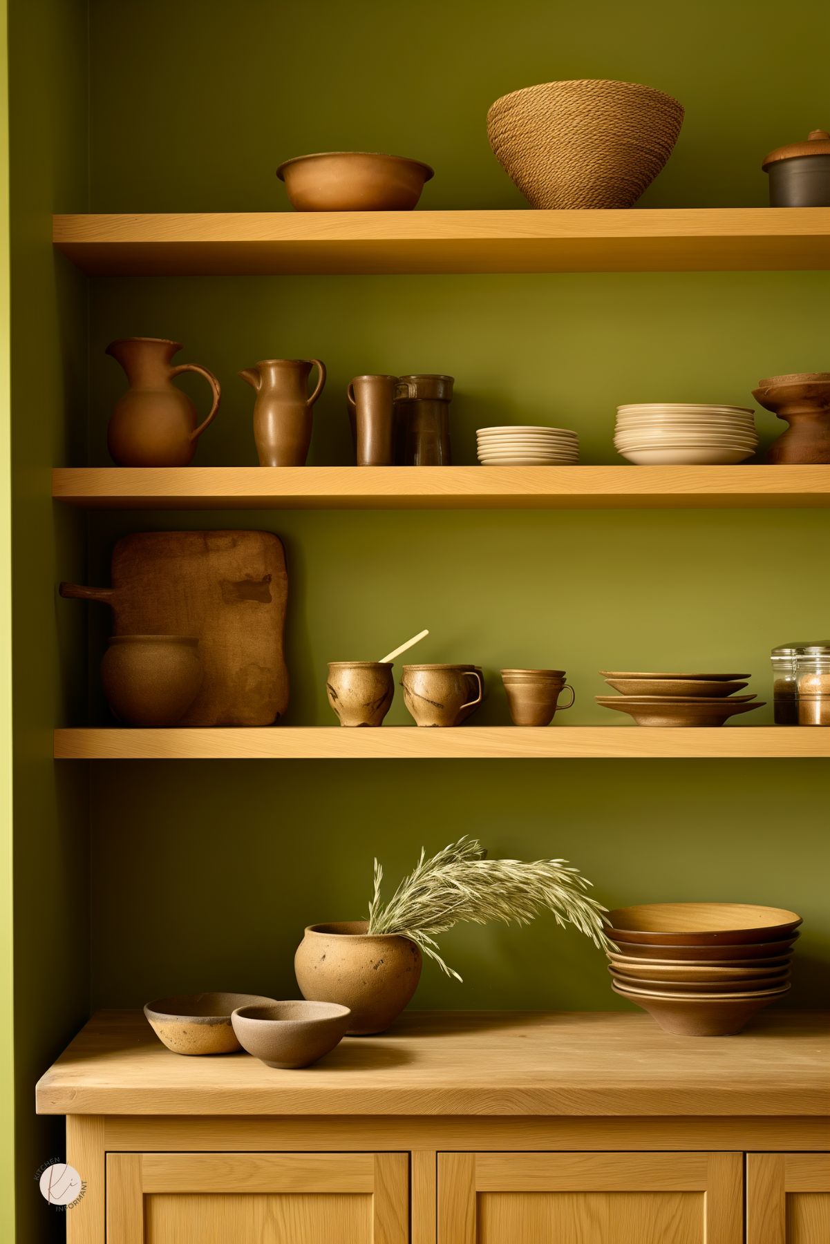Open shelving kitchen display with natural wood shelves and cabinets against an olive green wall. Shelves are styled with earthy-toned pottery, mugs, plates, and rustic kitchenware. A small bundle of dried grass adds texture and organic charm to the warm, minimalist decor.