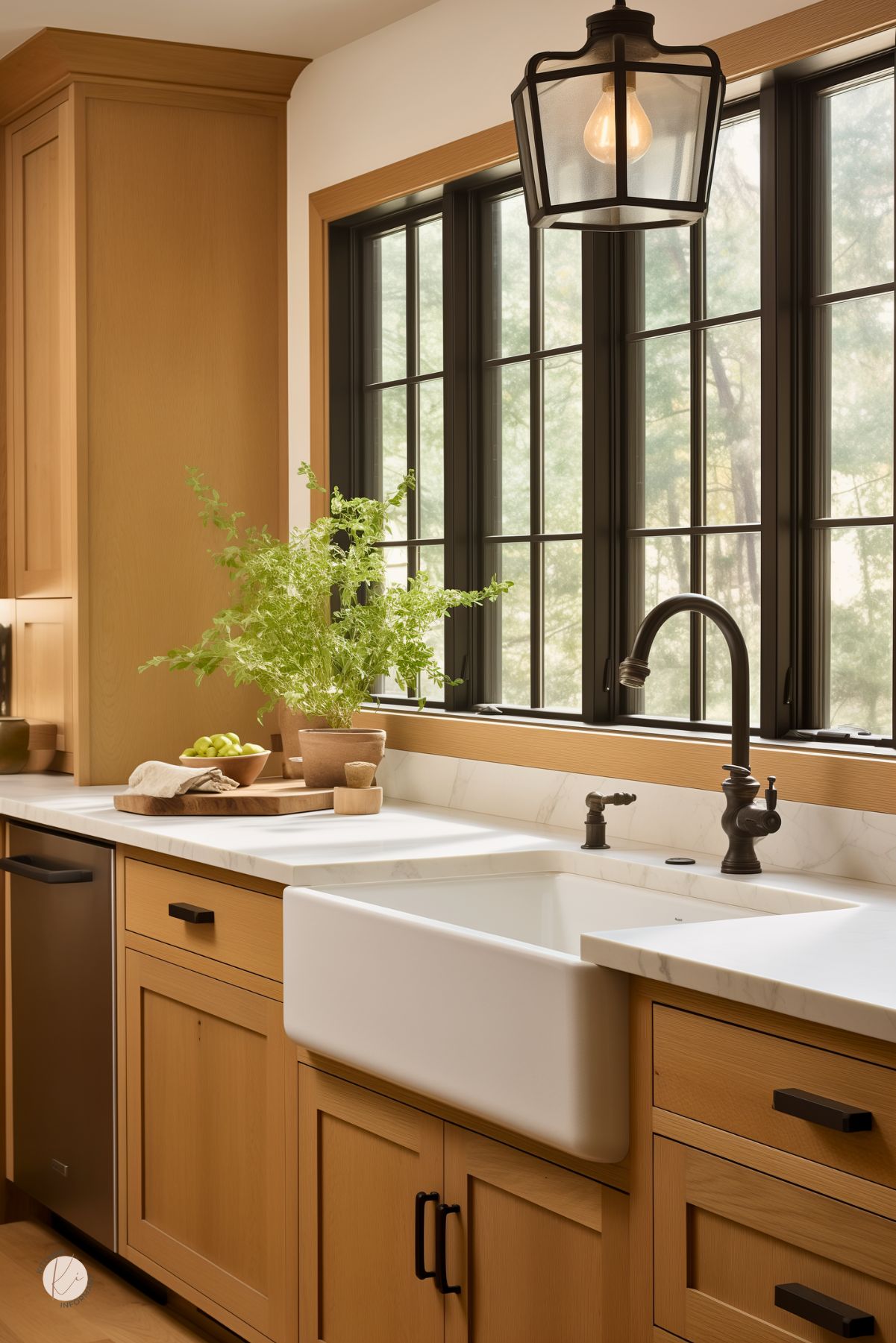 Warm oak kitchen with a white farmhouse sink, black vintage-style faucet, and white marble countertops. Large black-framed windows provide a wooded view and natural light. A lantern pendant light adds charm above the sink, while a potted herb and a small tray with green grapes sit on the counter for a cozy, organic touch.