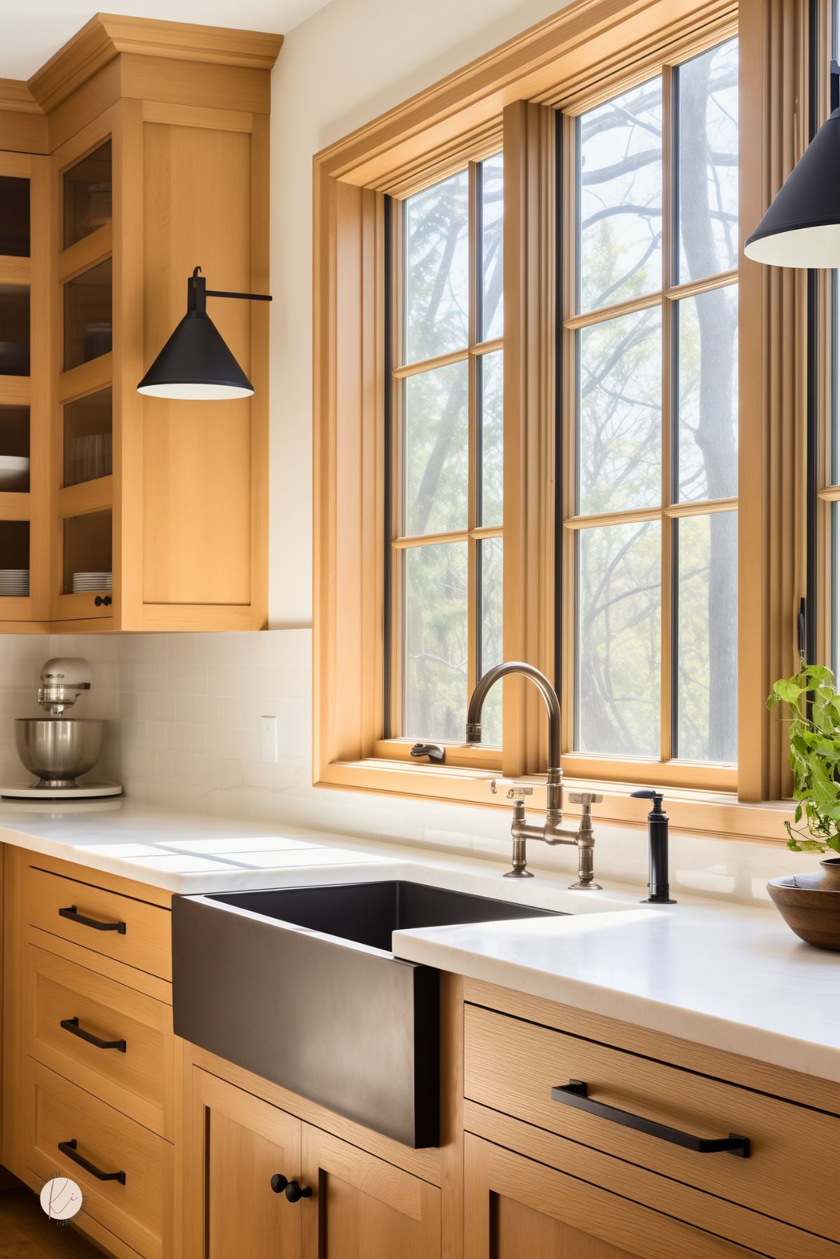 Bright kitchen with warm oak cabinetry, a matte black farmhouse sink, and white countertops. Large windows framed in natural wood bring in ample light. Black sconces and cabinet hardware create contrast, while a stainless steel faucet and small indoor plant add to the fresh, modern cottage vibe.