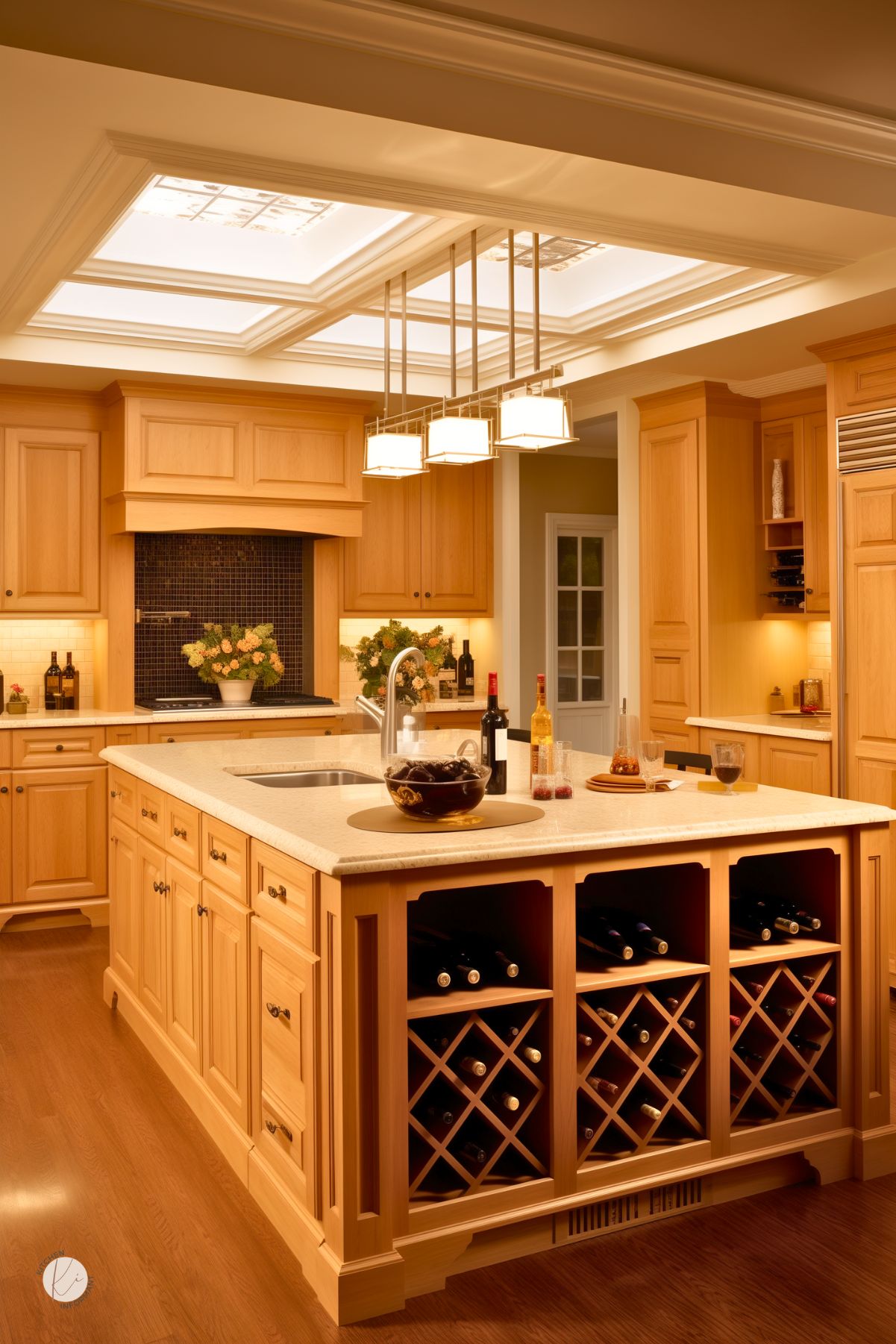 Elegant kitchen with traditional warm oak cabinetry, a large island featuring built-in wine storage, and creamy stone countertops. A coffered ceiling with recessed lighting and a modern pendant fixture adds sophistication. The backsplash includes dark mosaic tile behind the cooktop and light subway tile elsewhere. Floral arrangements and wine bottles enhance the cozy, upscale atmosphere.
