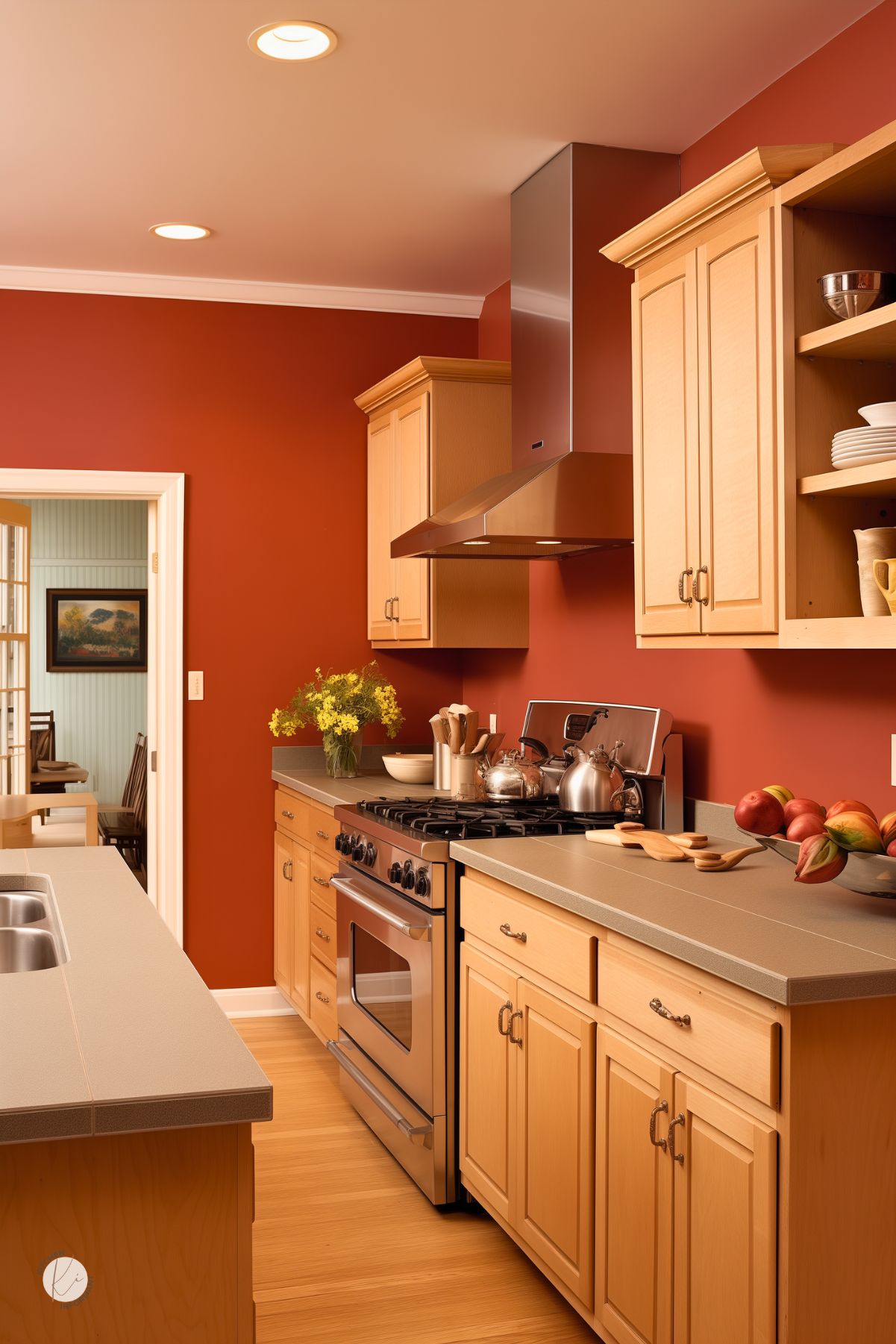 Cozy galley kitchen with warm oak cabinetry, gray countertops, and a bold terracotta red wall. Stainless steel appliances, including a range with a modern hood, add a sleek contrast. Open shelving holds white dishes and natural-toned ceramics, while fresh flowers and fruit bowls bring a vibrant, homey feel.