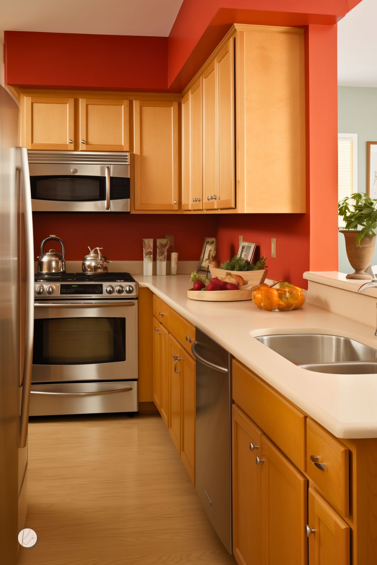 Compact kitchen with warm oak cabinets, light beige countertops, and stainless steel appliances. The space features a bold red accent wall and a double-basin sink. Simple decor includes a potted plant, framed prints, and fresh produce on wooden trays, adding warmth and a homey touch to the modern design.