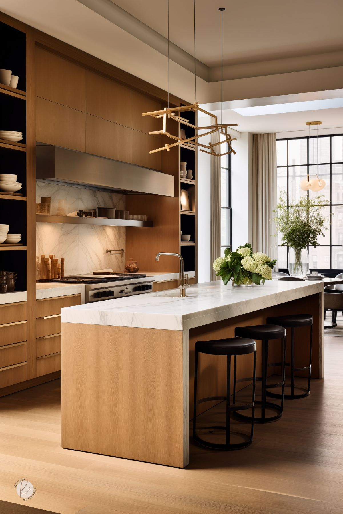 Modern luxury kitchen with flat-panel warm oak cabinetry, a large white marble waterfall island, and black backless barstools. Open shelving with dark interiors displays minimalist dishware, while a sleek stainless steel range hood and marble backsplash add sophistication. Oversized windows and gold geometric pendant lighting complete the elegant, open-concept design.