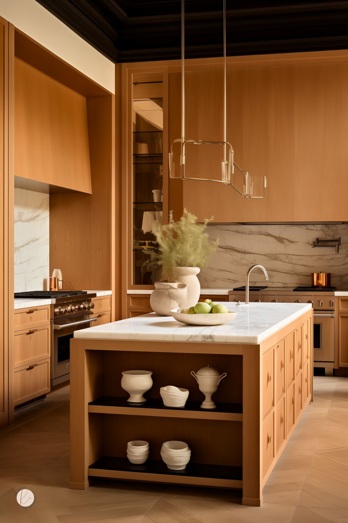 Sophisticated kitchen with flat-panel warm oak cabinets and a waterfall island topped with white marble. Open shelving on the island displays sculptural white ceramics, while the marble backsplash adds elegance. Sleek metallic pendant lighting and bronze hardware create a modern contrast. Decorative vases and green apples bring in organic warmth.
