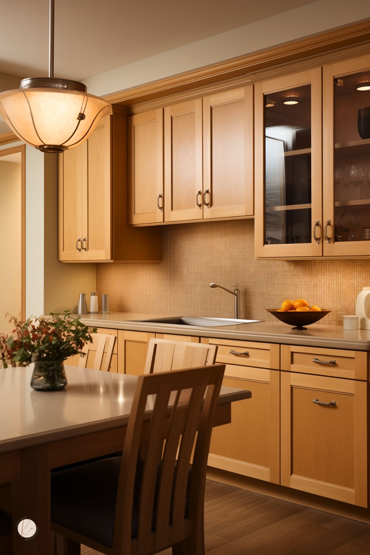 Traditional kitchen with warm oak cabinets, a subtle mosaic tile backsplash, and gray countertops. The upper cabinets include glass-front doors for displaying dishware, while a built-in stainless sink adds a sleek touch. A matching dining set with a vase of flowers brings a cozy, homey feel to the softly lit space.