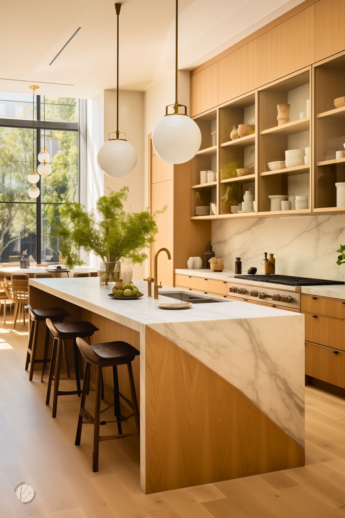 Bright modern kitchen with flat-panel warm oak cabinets, an eye-catching waterfall island with white marble veining, and globe pendant lights. Open shelving displays minimalist ceramic dishware, while large windows flood the space with natural light. A brass faucet, fresh greenery, and wooden stools complete the airy, sophisticated look.